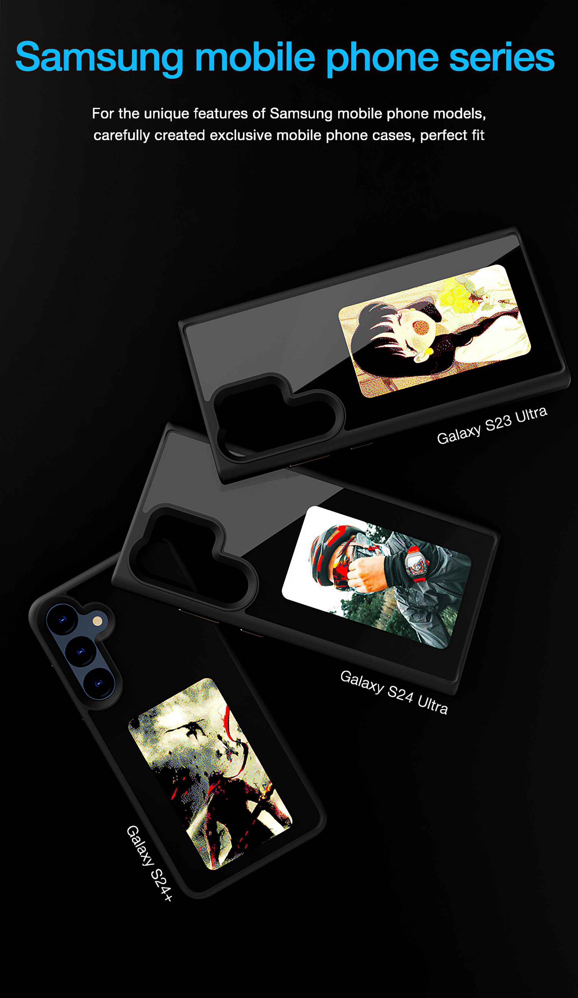 Schwarze Handyhüllen mit Bildschirmbildern. Die Modelle Galaxy S24+, S23 Ultra und S24 Ultra werden angezeigt.