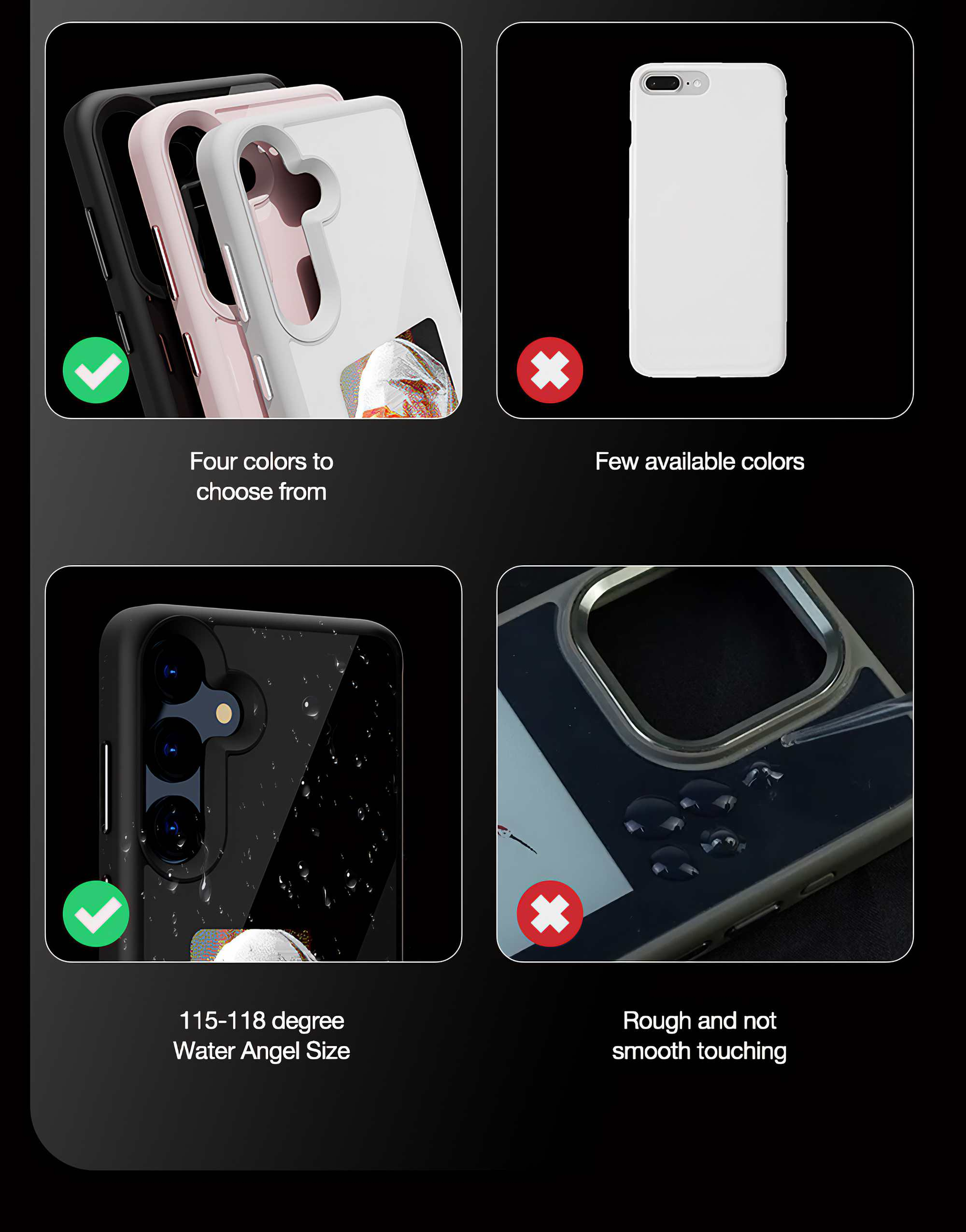 Das Bild zeigt Handyhüllen in Schwarz, Pink und Weiß. Außerdem eine weiße Handyhülle und ein Telefon mit Wassertropfen.