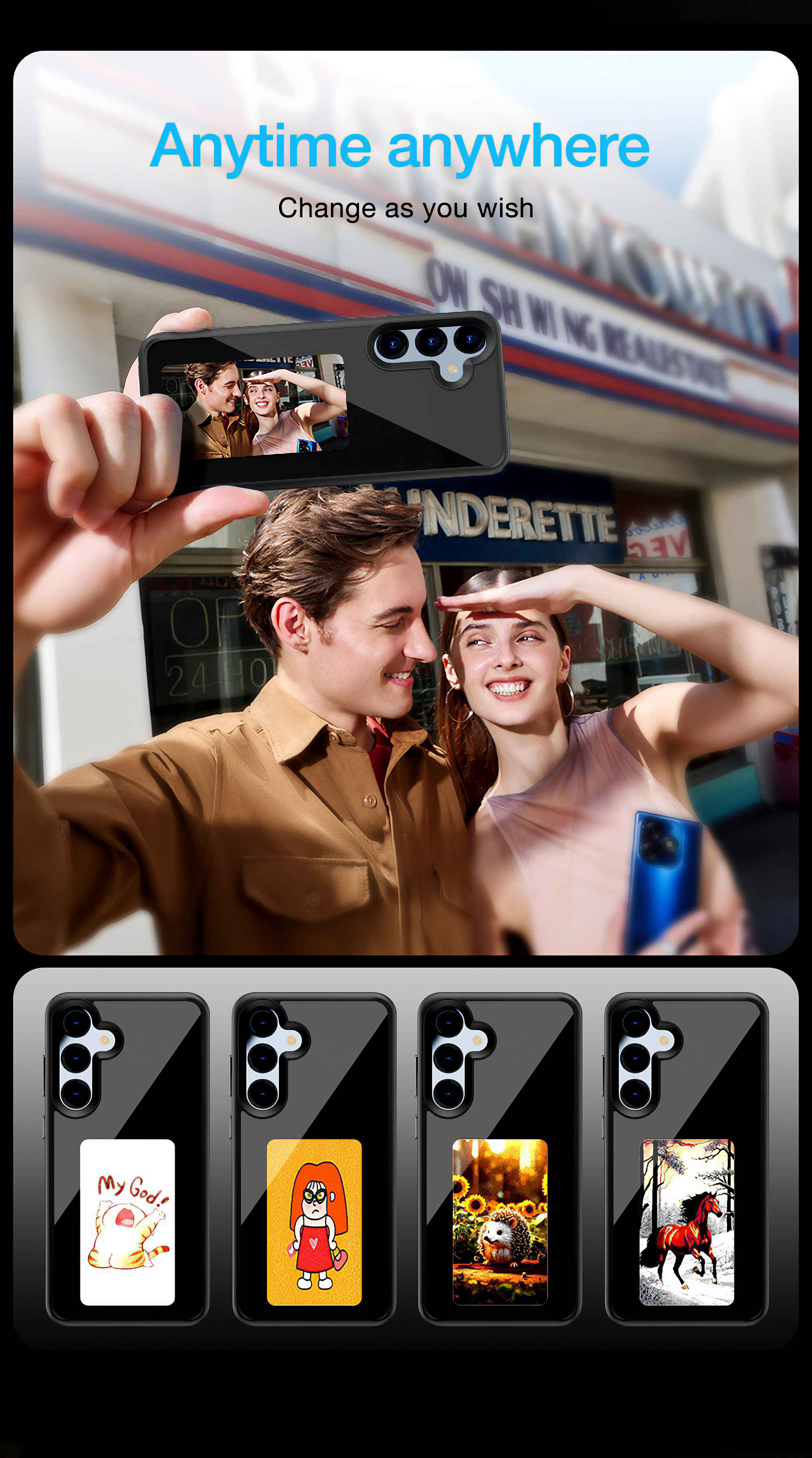Ein Paar macht ein Selfie. Handys zeigen verschiedene Hüllen. Oben steht: „Jederzeit überall. Ändere dich, wie du willst“.