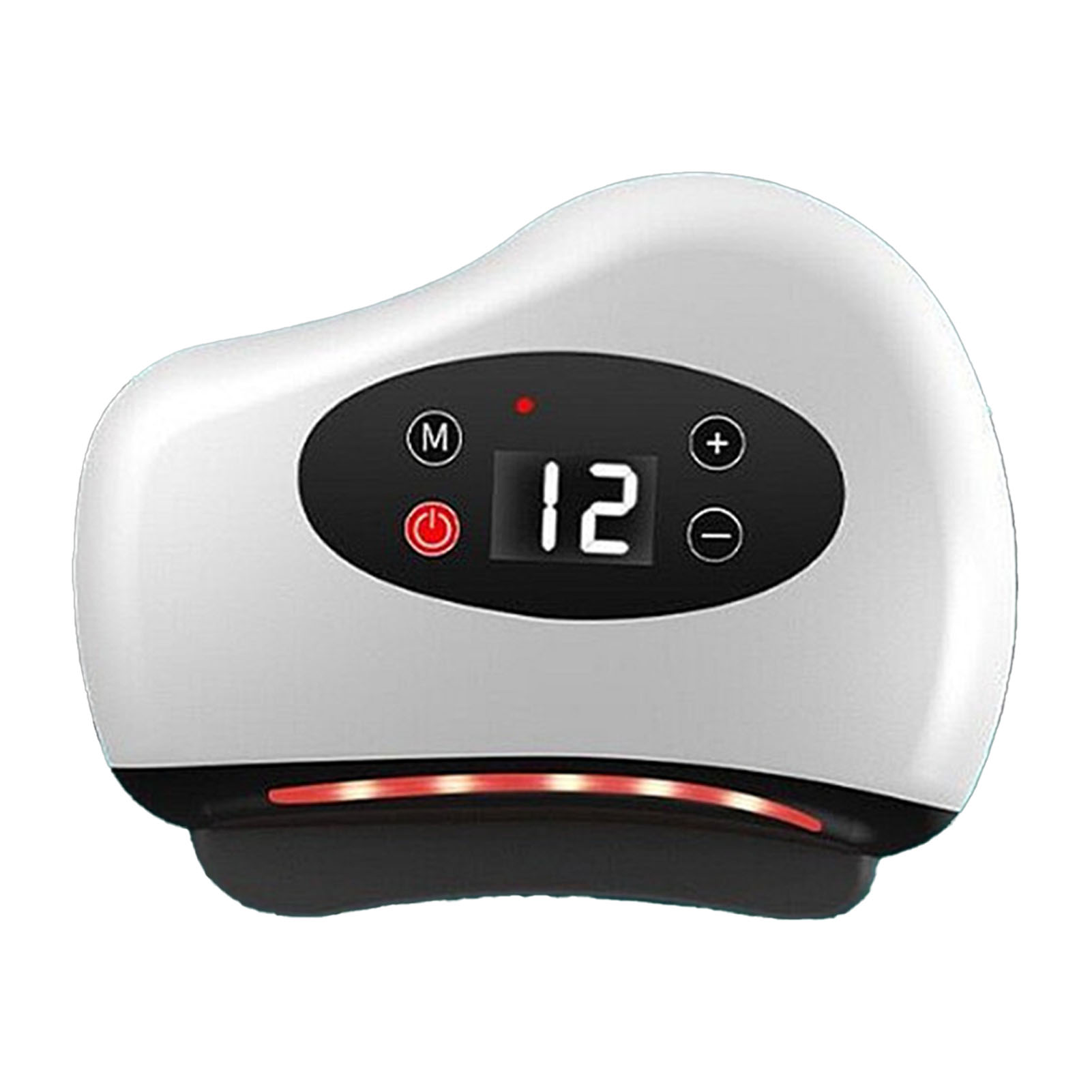 Ein weißes Handgerät mit schwarzem Display, das '12' anzeigt. Es hat Knöpfe und ein rotes Licht oben und unten.