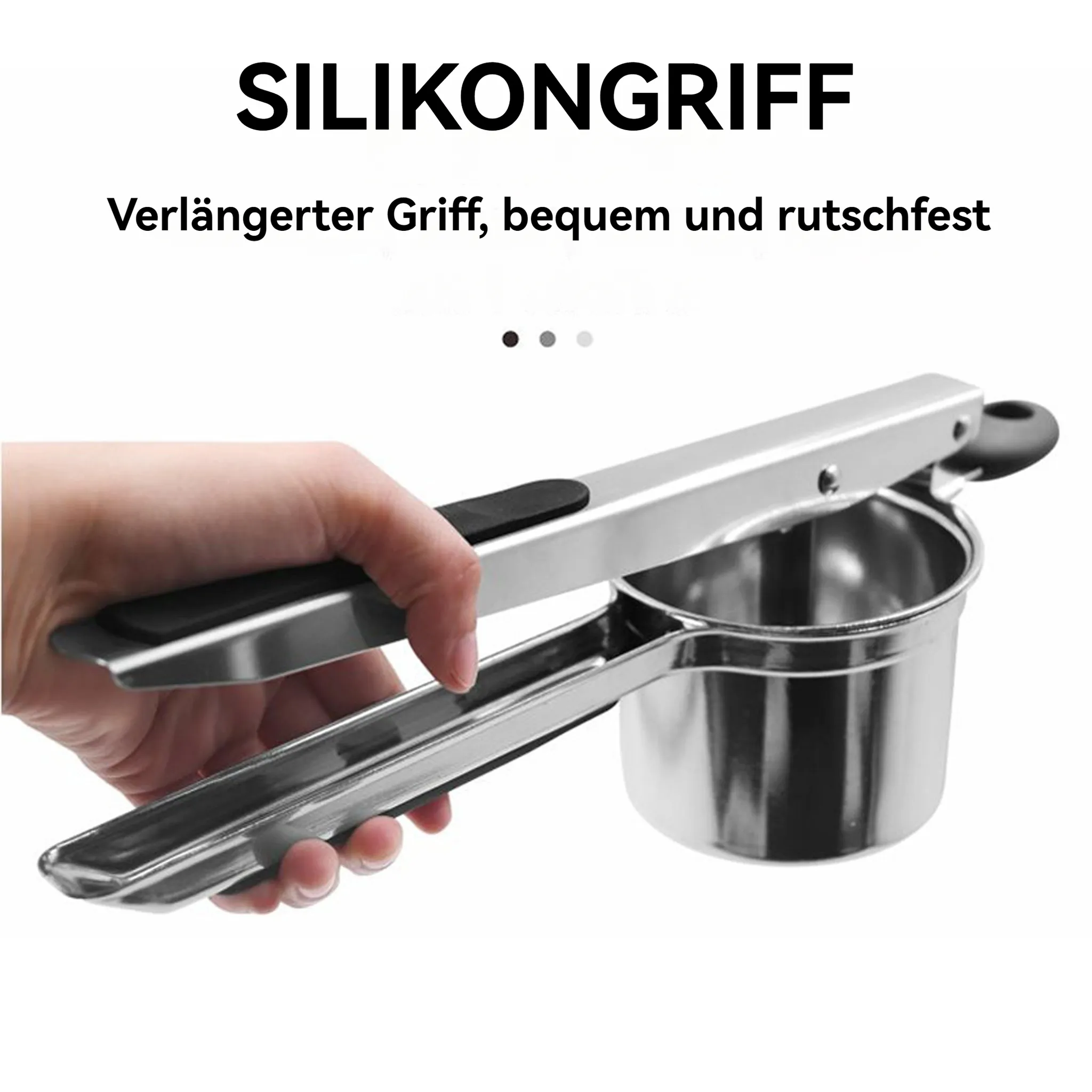 Hand hält eine silberne Kartoffelreibe. Der Text oben lautet 'SILIKONGRIFF' und 'Verlängerter Griff, bequem und rutschfest'.