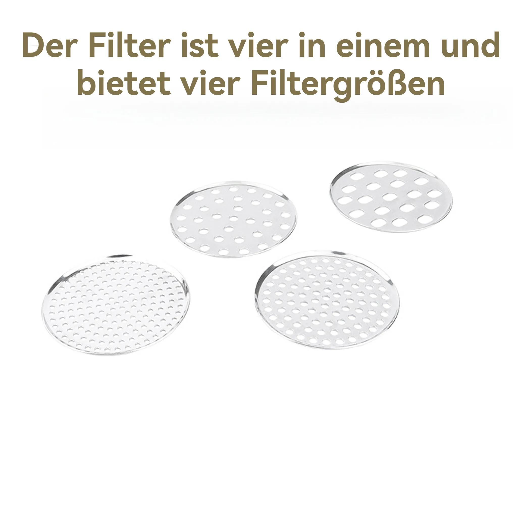 Vier silberne Filter auf weißem Hintergrund. Jeder Filter hat ein anderes Lochmuster. Text oben in Deutsch.