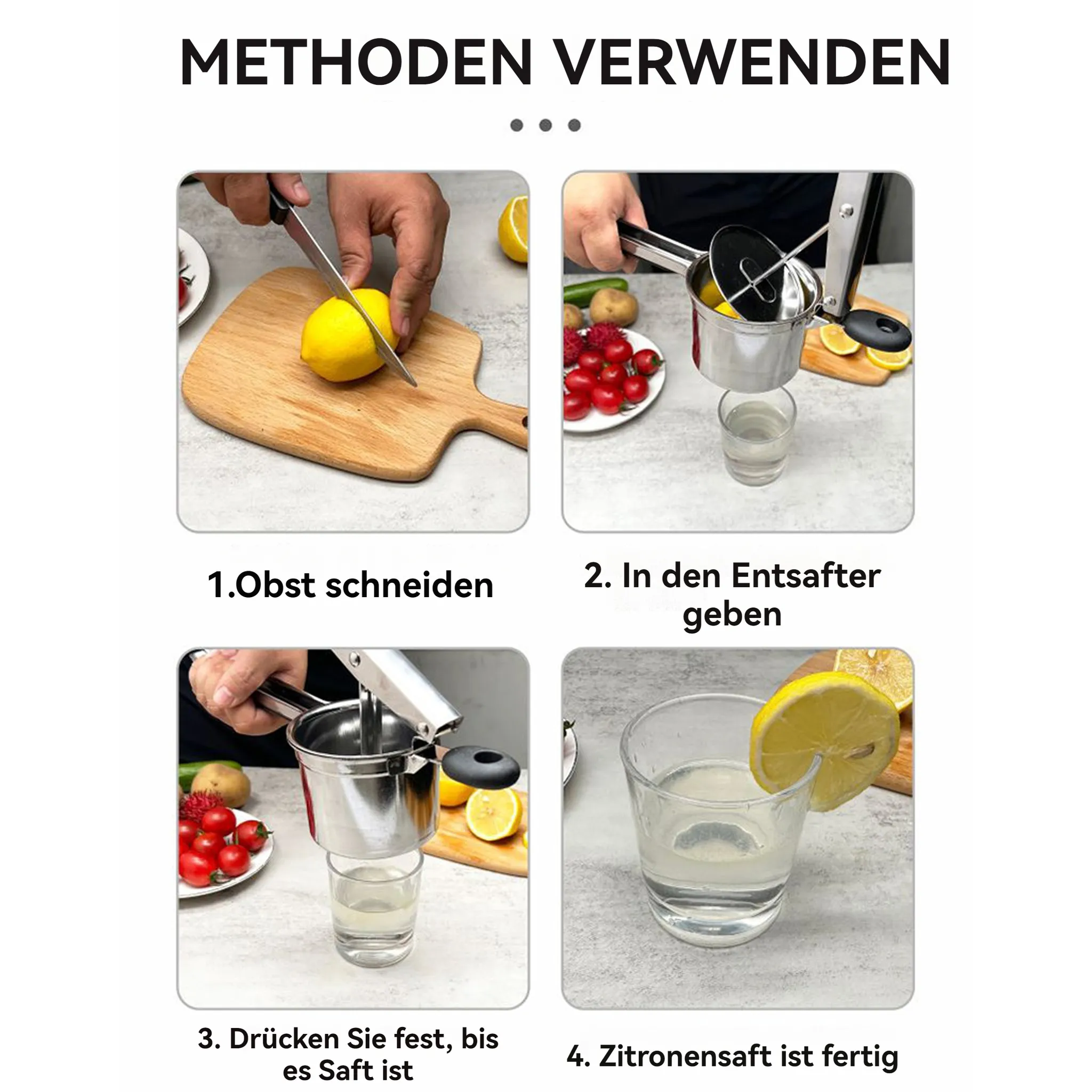 Schritte zur Herstellung von Zitronensaft: Zitrone schneiden, in Entsafter geben, pressen, Saft fertig. Enthält Zitronen, Tomaten und Entsafter.