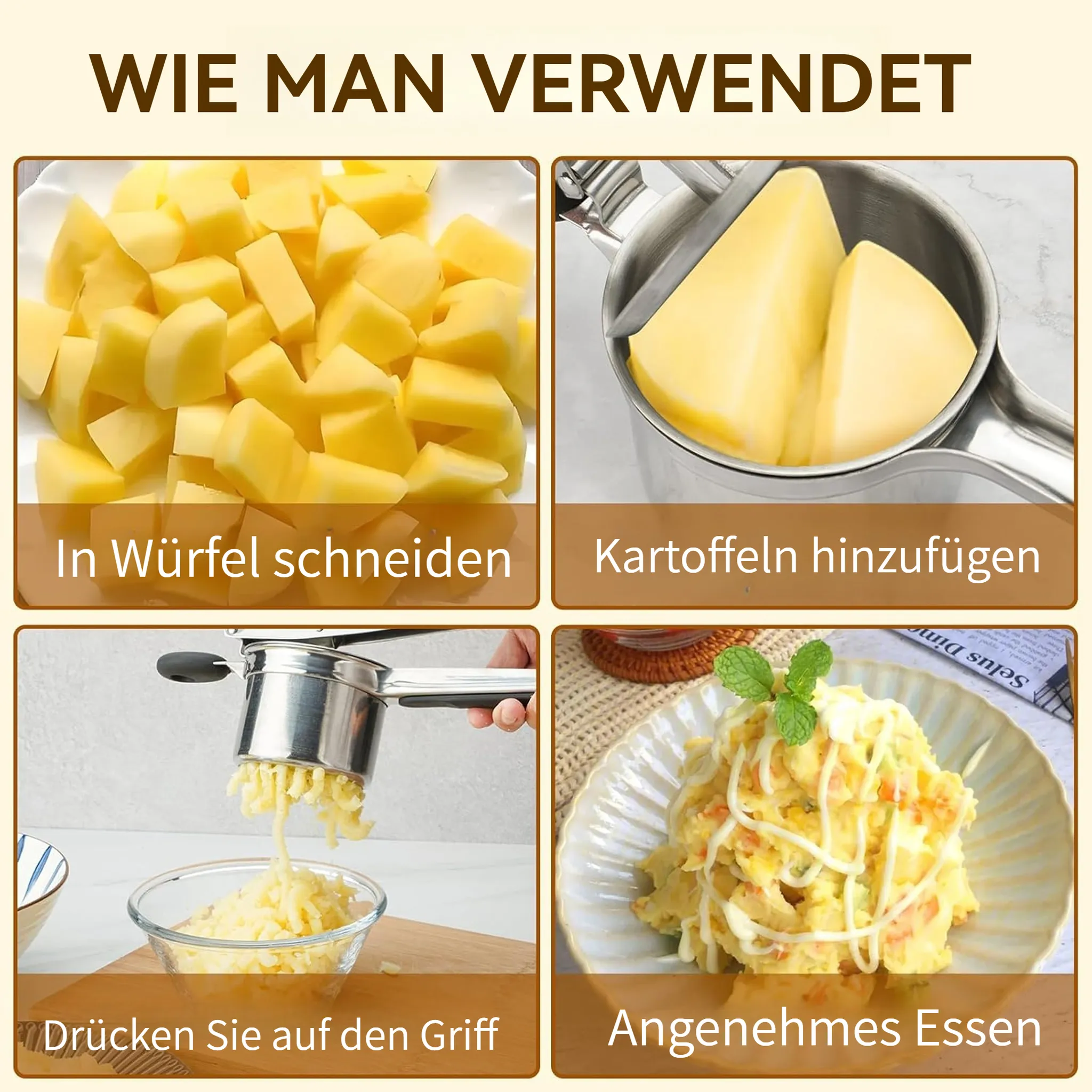 Das Bild zeigt, wie man Essen zubereitet. Gewürfelte Kartoffeln, Kartoffeln in einer Presse, Kartoffelpüree in einer Schüssel und Kartoffelsalat auf einem Teller.
