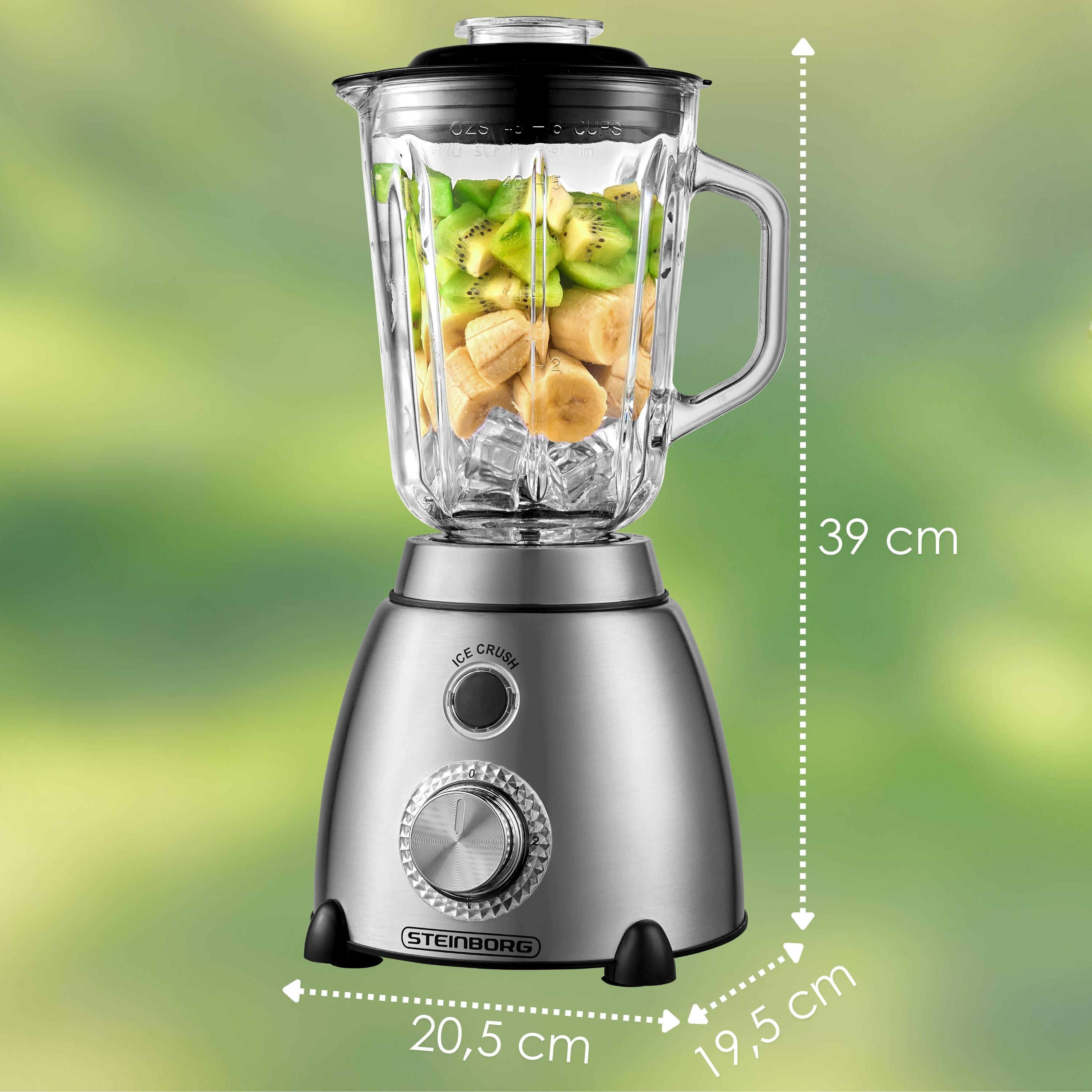 Ein Edelstahl-Mixer mit Früchten. Er hat einen Glasbehälter mit Kiwi, Banane und Eis. Der Hintergrund ist grün.