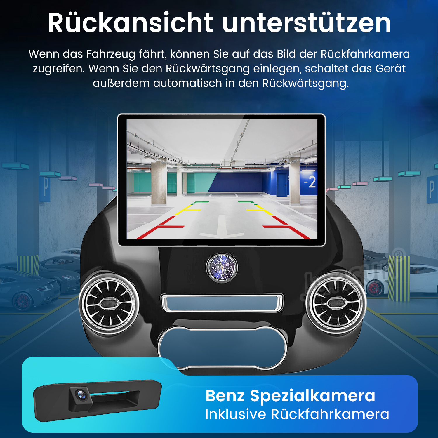 Armaturenbrett eines Autos mit Display, das eine Parkhausansicht zeigt. Eine Rückfahrkamera und Text über die Benz-Spezialkamera sind sichtbar.