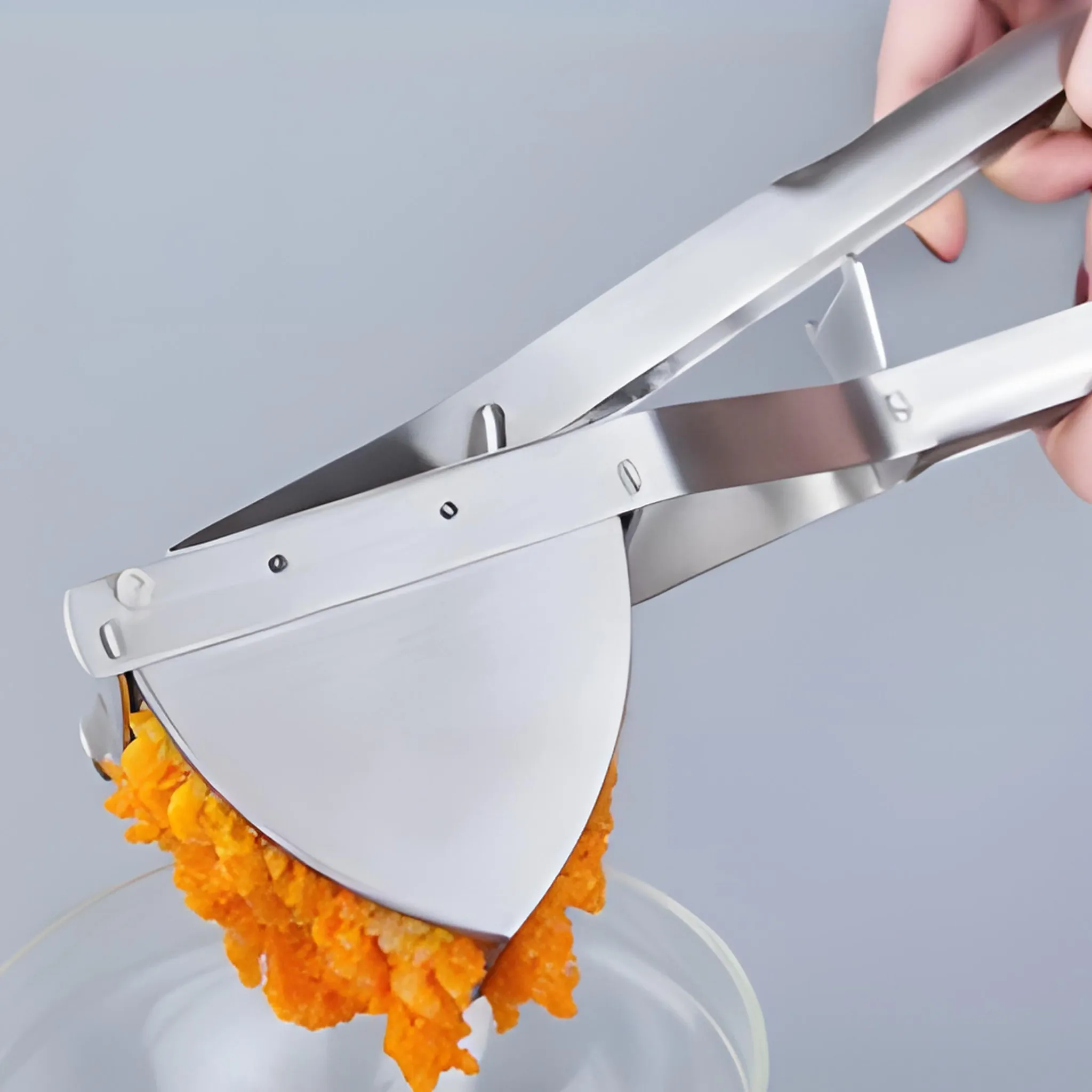 Ein Kartoffelstampfer aus Edelstahl presst orangefarbenes Essen in eine Glasschüssel. Eine Hand hält den Ricer.