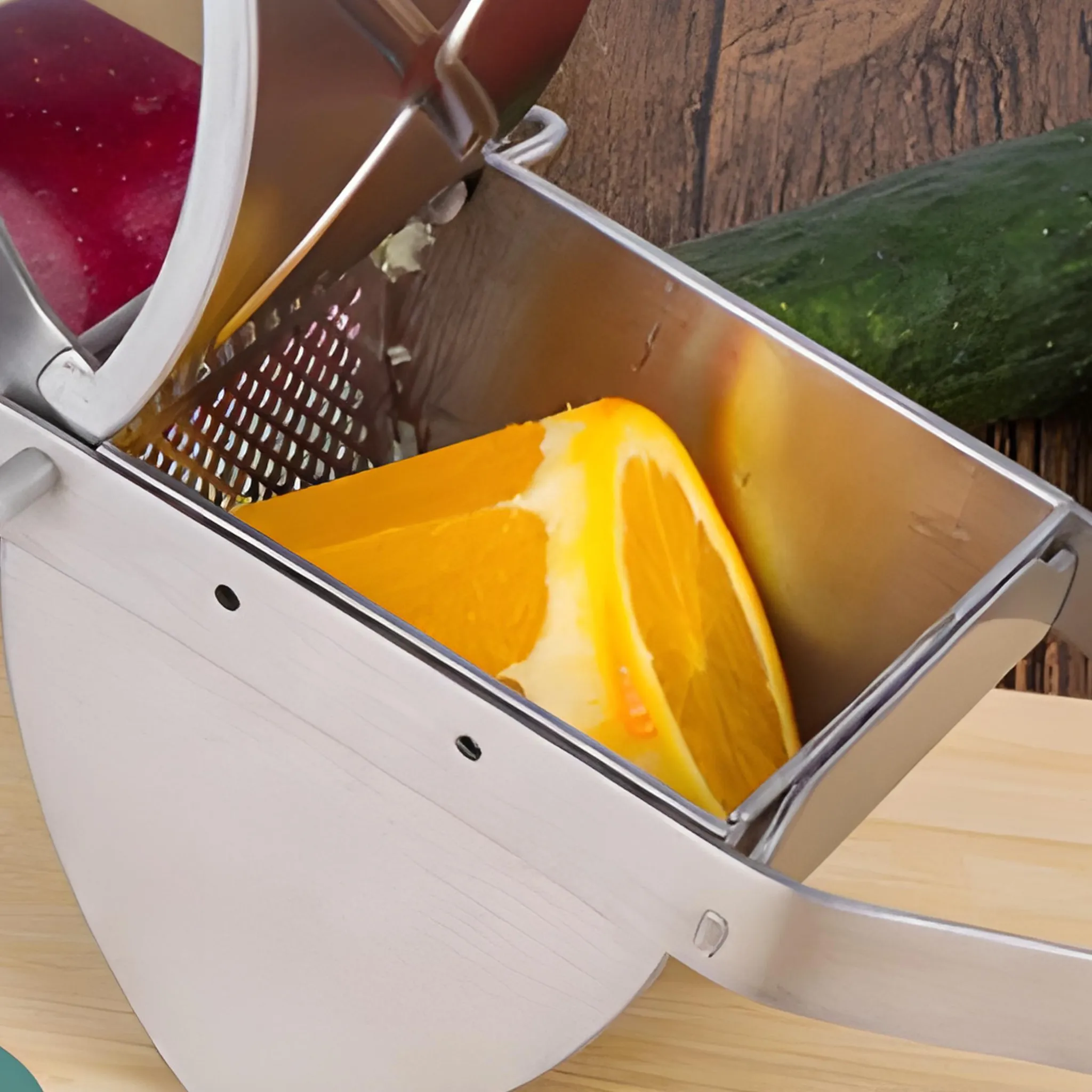 Ein Metall-Entsafter hält eine geschnittene Orange. Ein roter Apfel ist sichtbar. Eine Gurke und ein Holzbrett sind im Hintergrund.