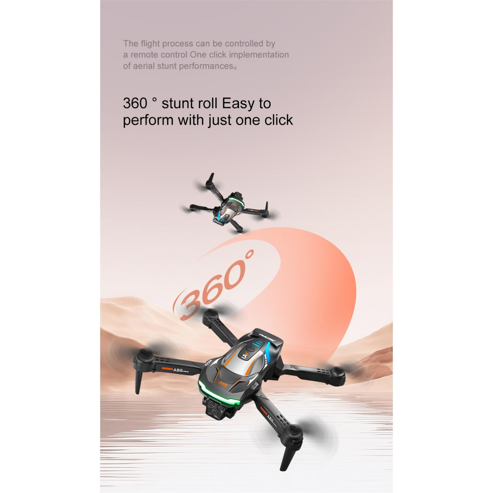 Bild zeigt zwei Drohnen. Eine führt einen 360-Grad-Stunt aus. Text wirbt für einfache Luftstunts mit One-Click-Steuerung.