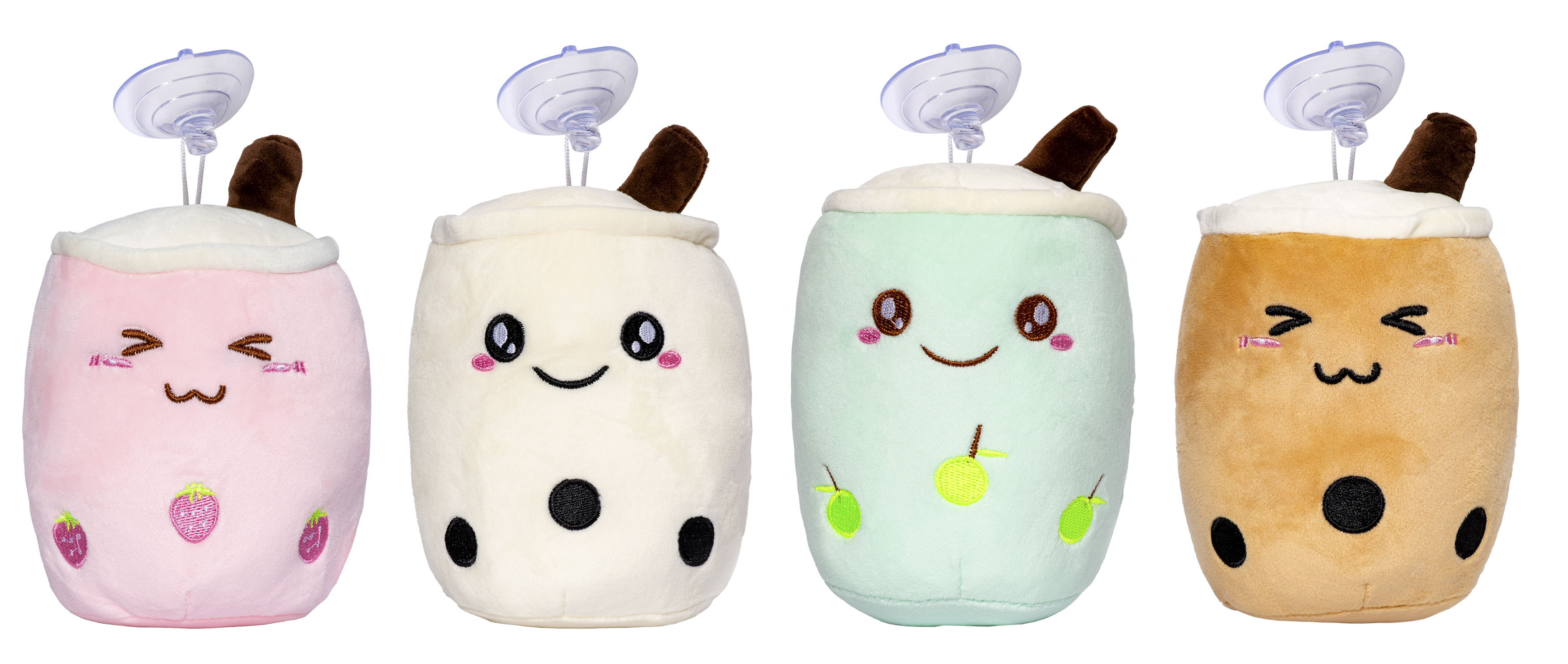 Vier Plüsch-Boba-Tee-Spielzeuge in Rosa, Creme, Mint und Braun. Jedes hat ein lächelndes Gesicht, Boba-Punkte und einen Saugnapf.