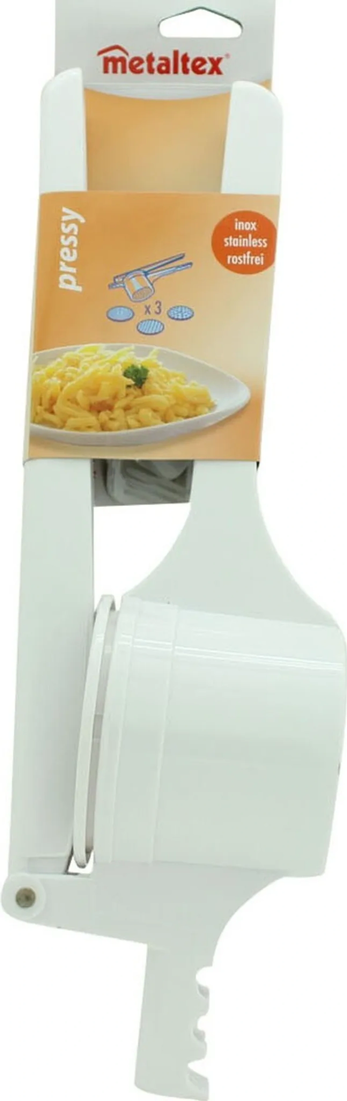 Weißes Pressy-Küchenwerkzeug mit Verpackung, das einen Teller mit Essen zeigt. Die Verpackung hat das Metaltex-Logo.