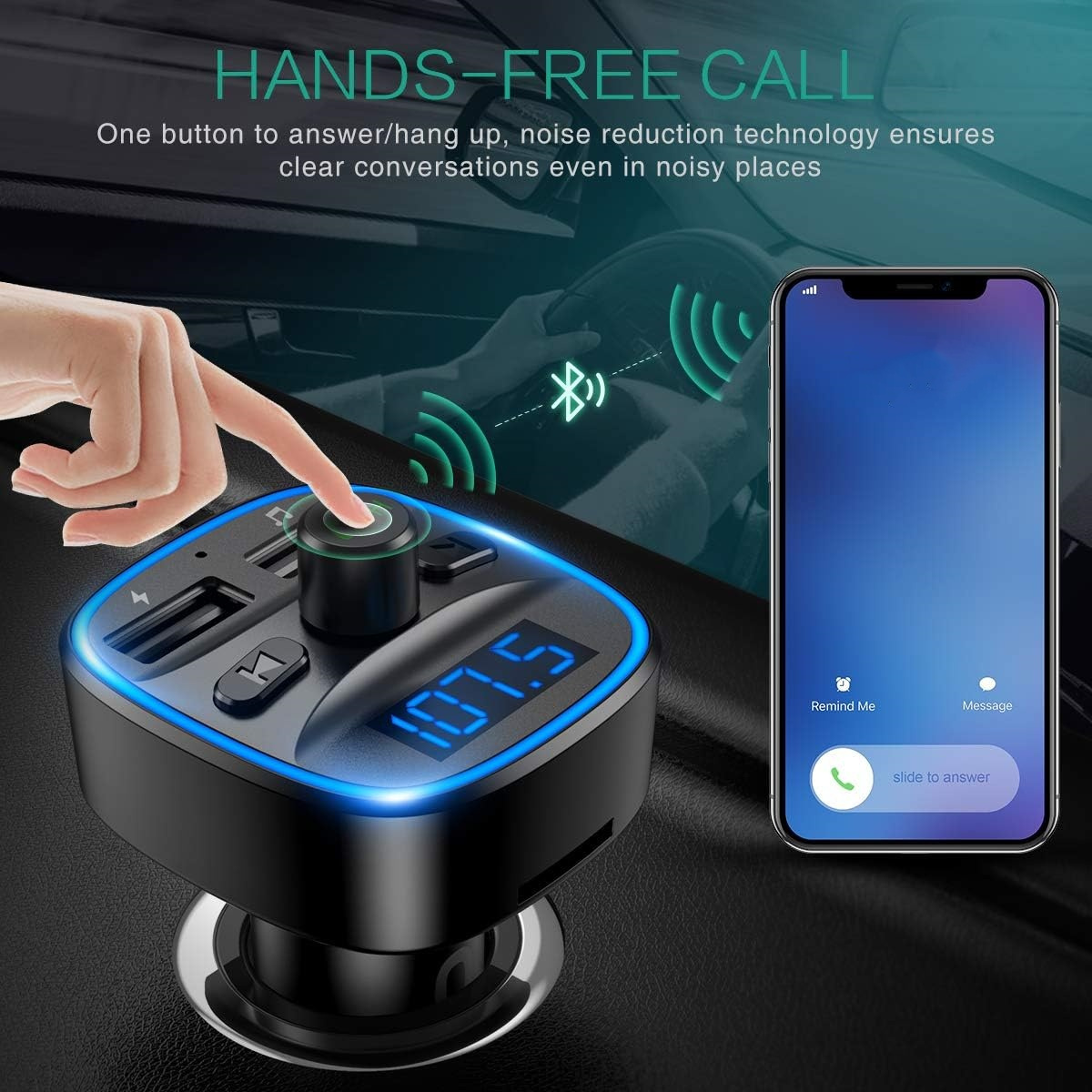 Eine Hand drückt einen Knopf an einem Autogadget. Ein Telefon zeigt einen eingehenden Anruf. Text: FREISPRECHEN. Blaue Lichter und Anzeige.