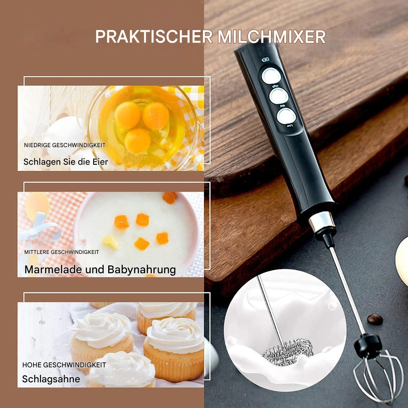 Ein schwarzer Milchmixer mit drei Geschwindigkeitsoptionen. Bilder zeigen Eier, Babynahrung und Schlagsahne. Es ist auf Holz.