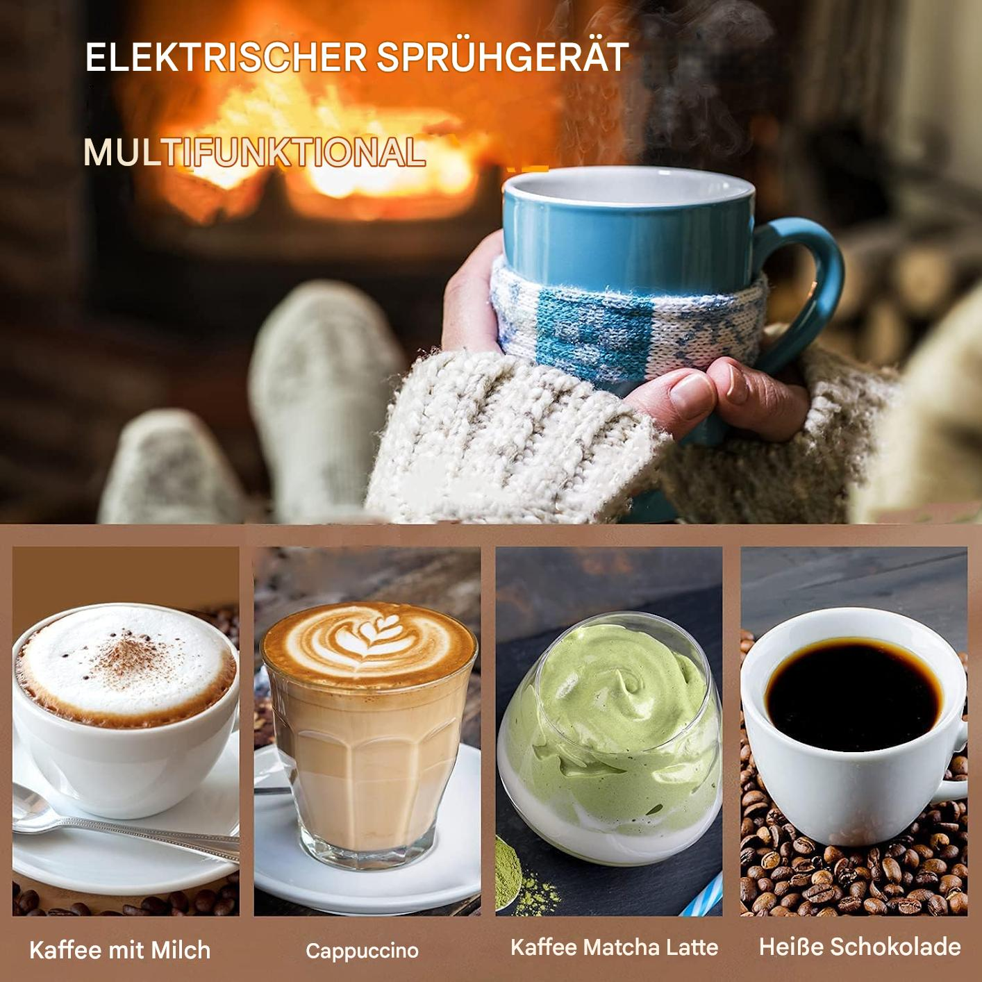Eine Person hält eine blaue Tasse in der Nähe eines Kamins. Darunter sind Kaffeevarianten: Kaffee mit Milch, Cappuccino, Matcha Latte und heiße Schokolade.