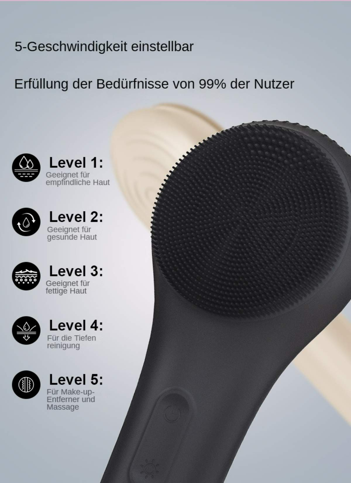 Eine schwarze Gesichtsbürste mit strukturierter Oberfläche wird mit verschiedenen Anwendungsstufen gezeigt. Im Hintergrund eine hellbeige Bürste.