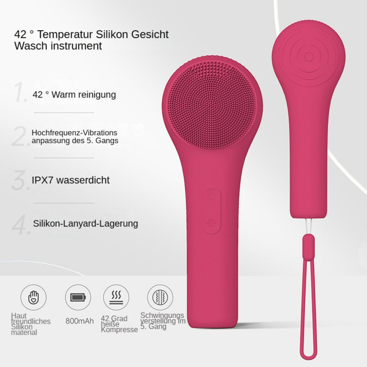 Rosa Gesichtsreinigungsbürste mit Silikonborsten und Griff. Merkmale sind Temperaturregelung, Vibrationen und wasserdichtes Design.