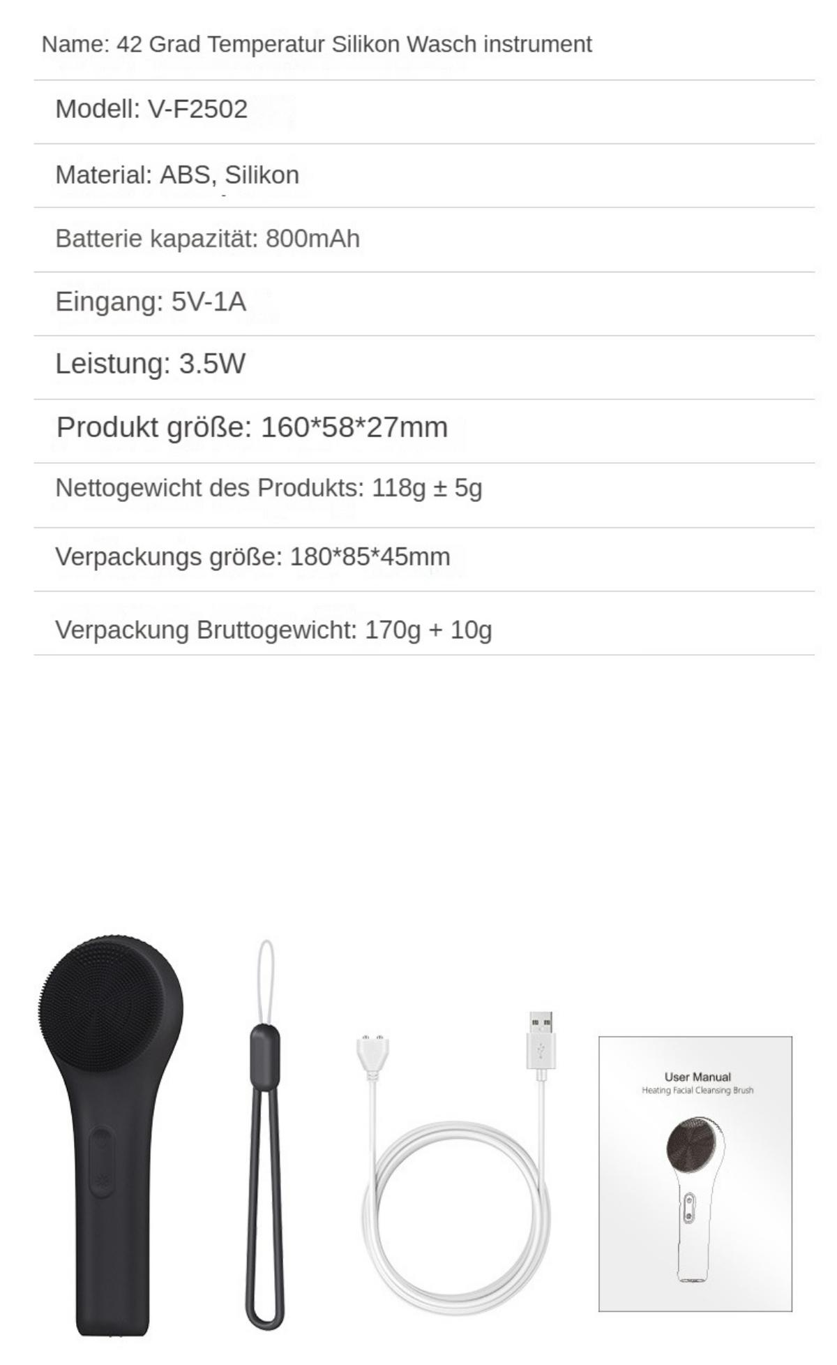 Eine Produktbeschreibung mit Spezifikationen. Enthält eine Gesichtsreinigungsbürste, ein Ladekabel und eine Bedienungsanleitung.