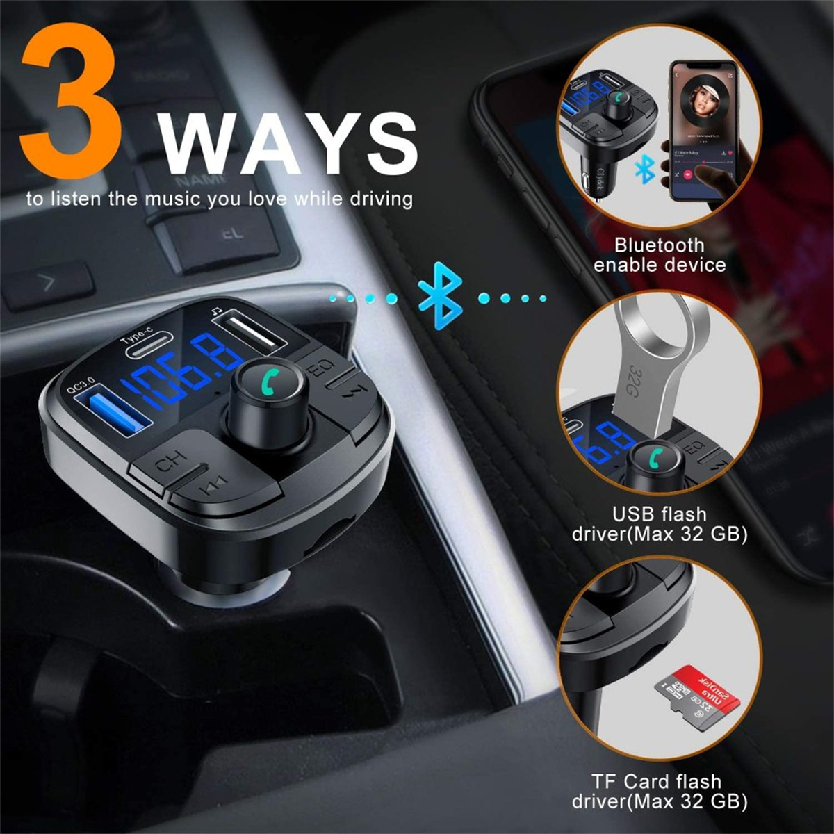 Ein Auto-Audiogerät mit drei Möglichkeiten zur Musikwiedergabe: Bluetooth, USB-Flash-Laufwerk und TF-Karte, alles auf einem digitalen Bildschirm angezeigt.