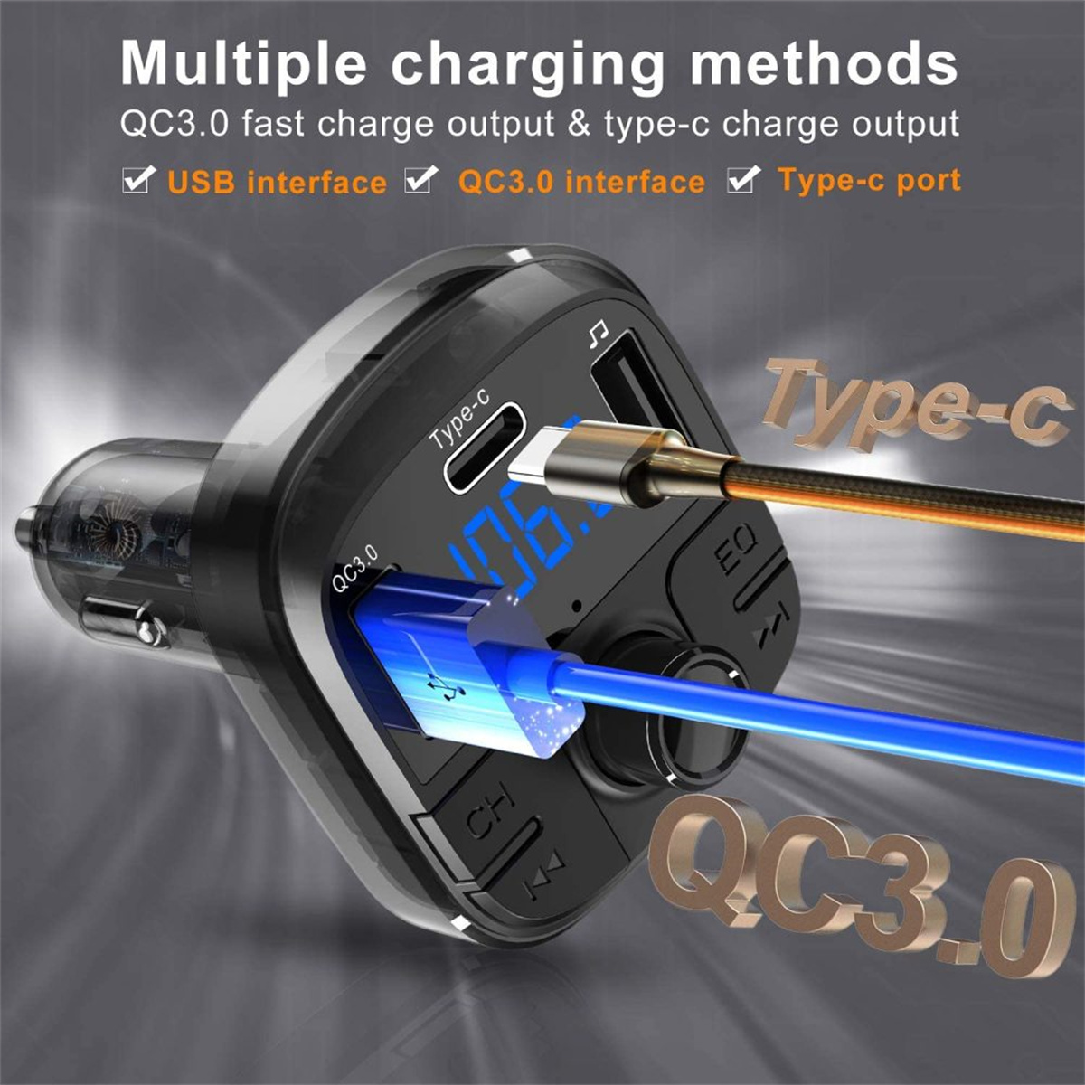 Schwarzes Autoladegerät mit USB- und Typ-C-Anschlüssen. Blaue und schwarze Kabel eingesteckt. Text: QC3.0, Typ-C. Hintergrundgradient.