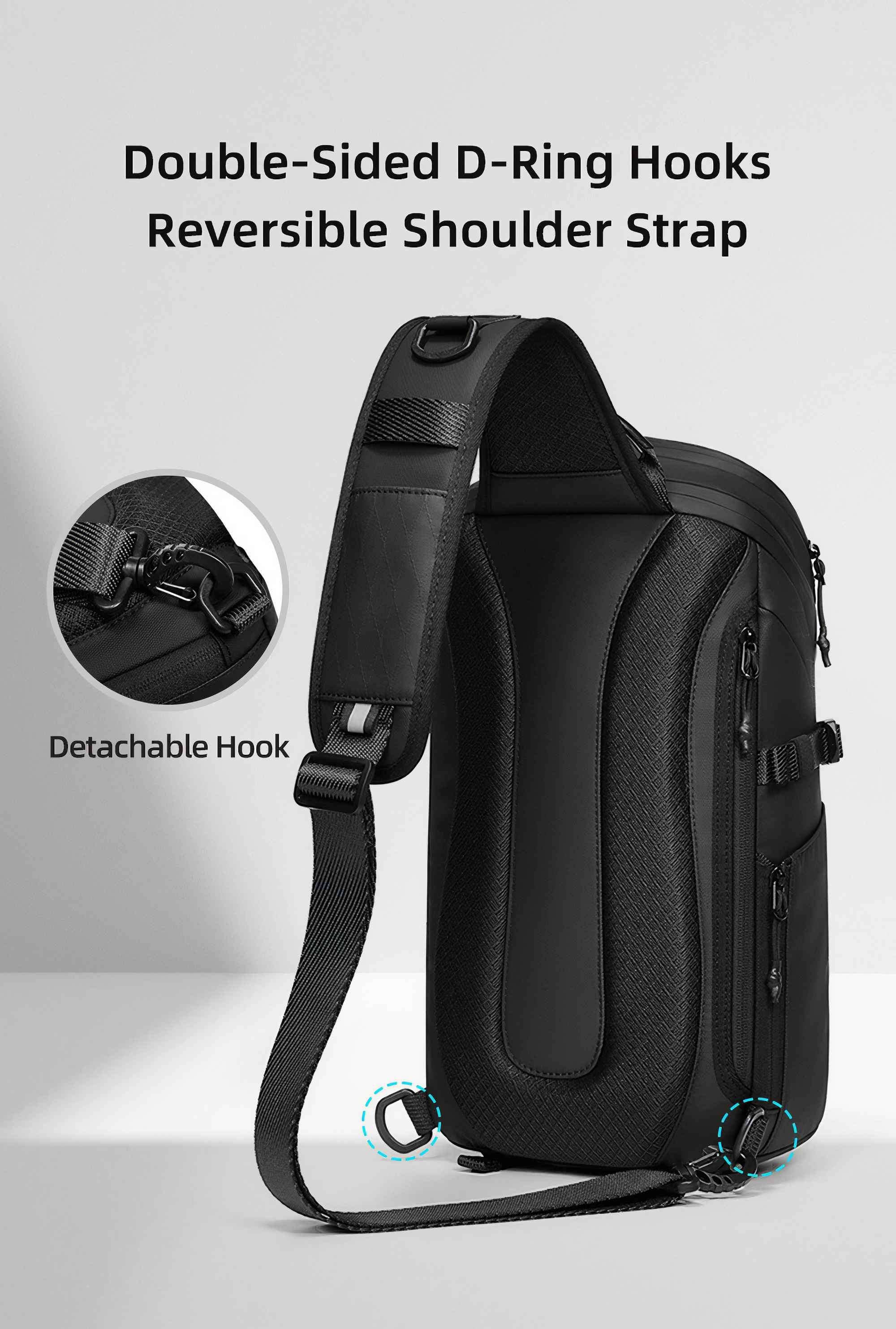 Schwarzer Rucksack mit Schultergurt, D-Ring-Haken und abnehmbarem Haken. Weißer Hintergrund.