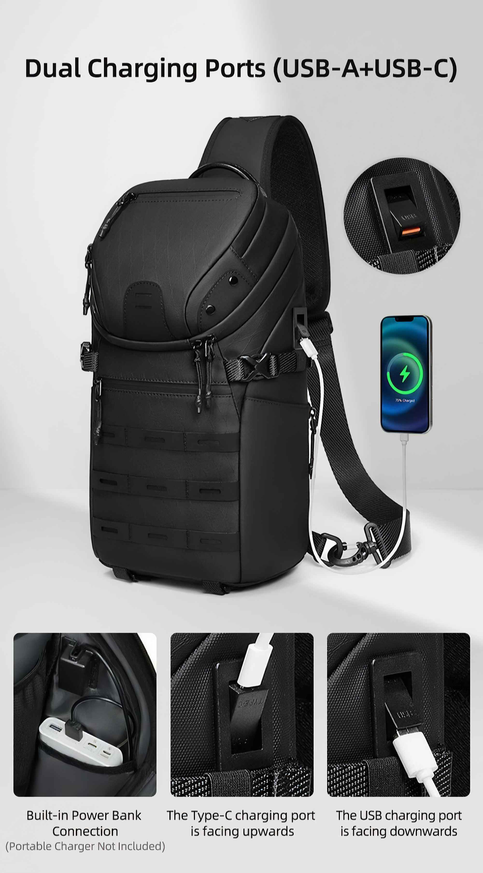 Schwarzer Rucksack mit zwei Ladeanschlüssen. Telefon aufladen. Typ-C- und USB-Anschlüsse. Integrierter Powerbank-Anschluss.