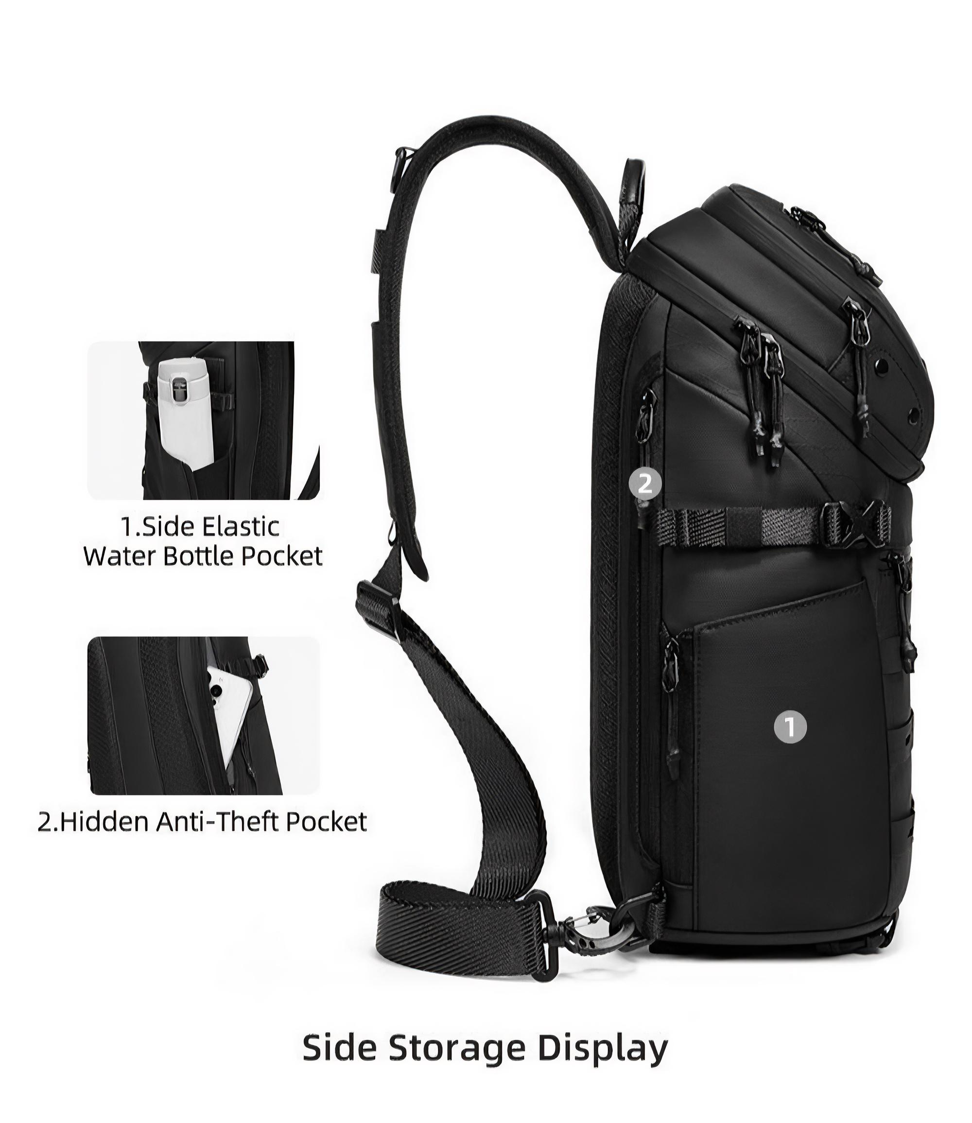 Schwarzer Rucksack mit Seitenaufbewahrung und Funktionen: Flaschentasche, versteckte Diebstahlschutz-Tasche. Auf weißem Hintergrund.