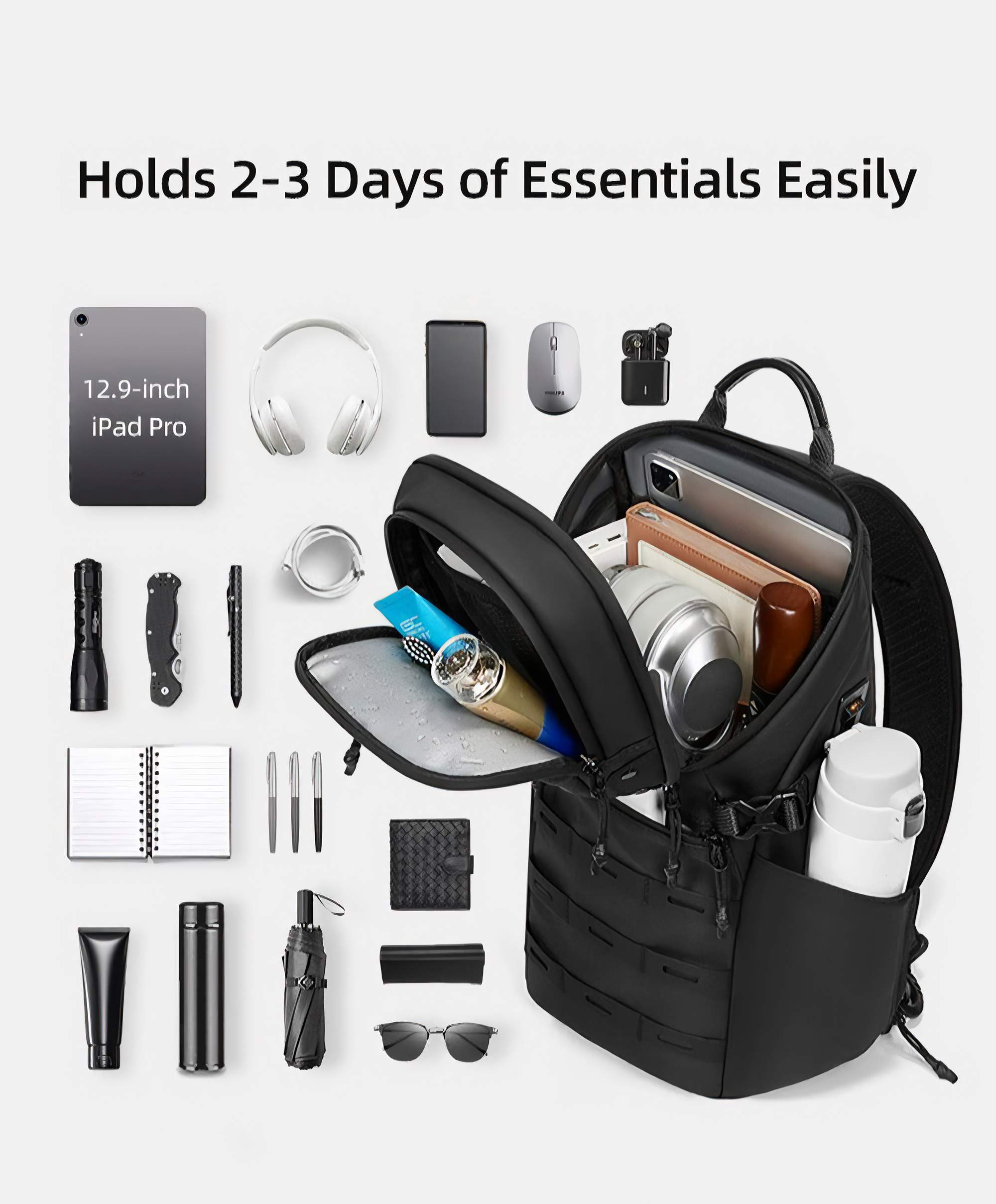 Schwarzer Rucksack mit Utensilien: iPad, Kopfhörer, Stifte, Notizbuch, Sonnenbrille, Wasserflasche und Toilettenartikel auf weißem Grund.