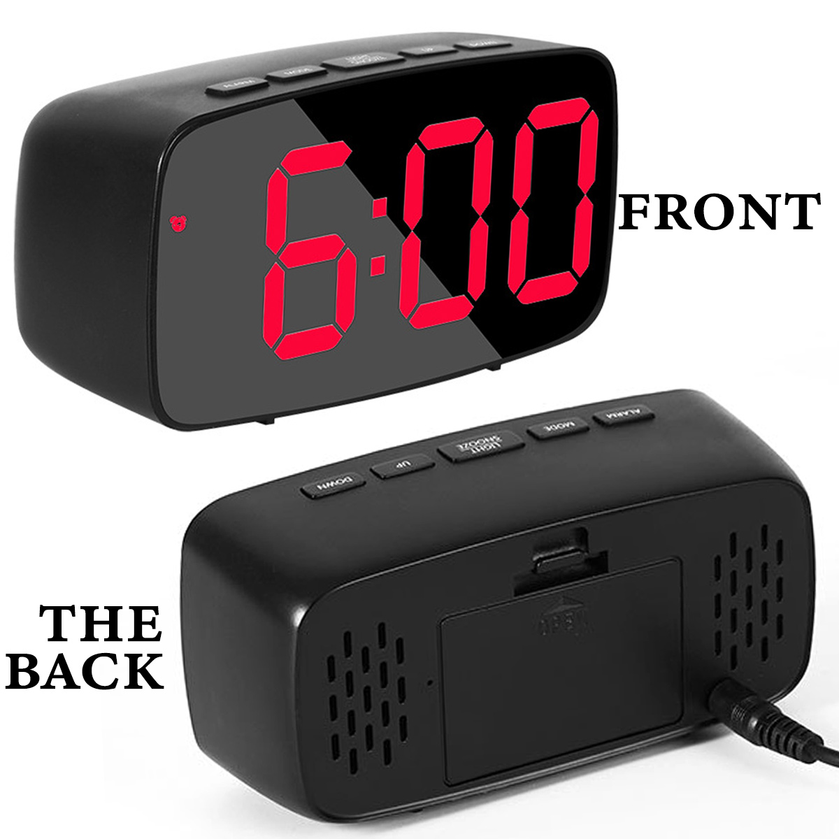 Schwarzer digitaler Wecker mit roter Anzeige von 6:00 Uhr. Die Unteransicht zeigt die Rückseite mit Netzkabel und Batteriefach.