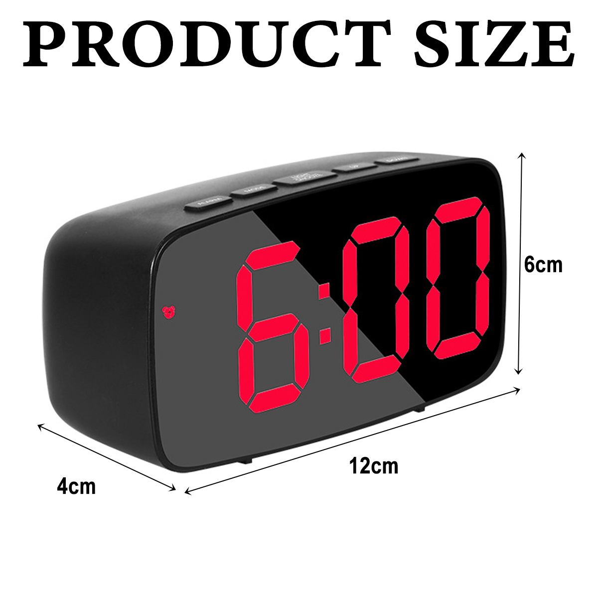 Schwarzer digitaler Wecker mit roter Anzeige 6:00. Produktabmessungen: 12 cm lang, 6 cm hoch und 4 cm breit.