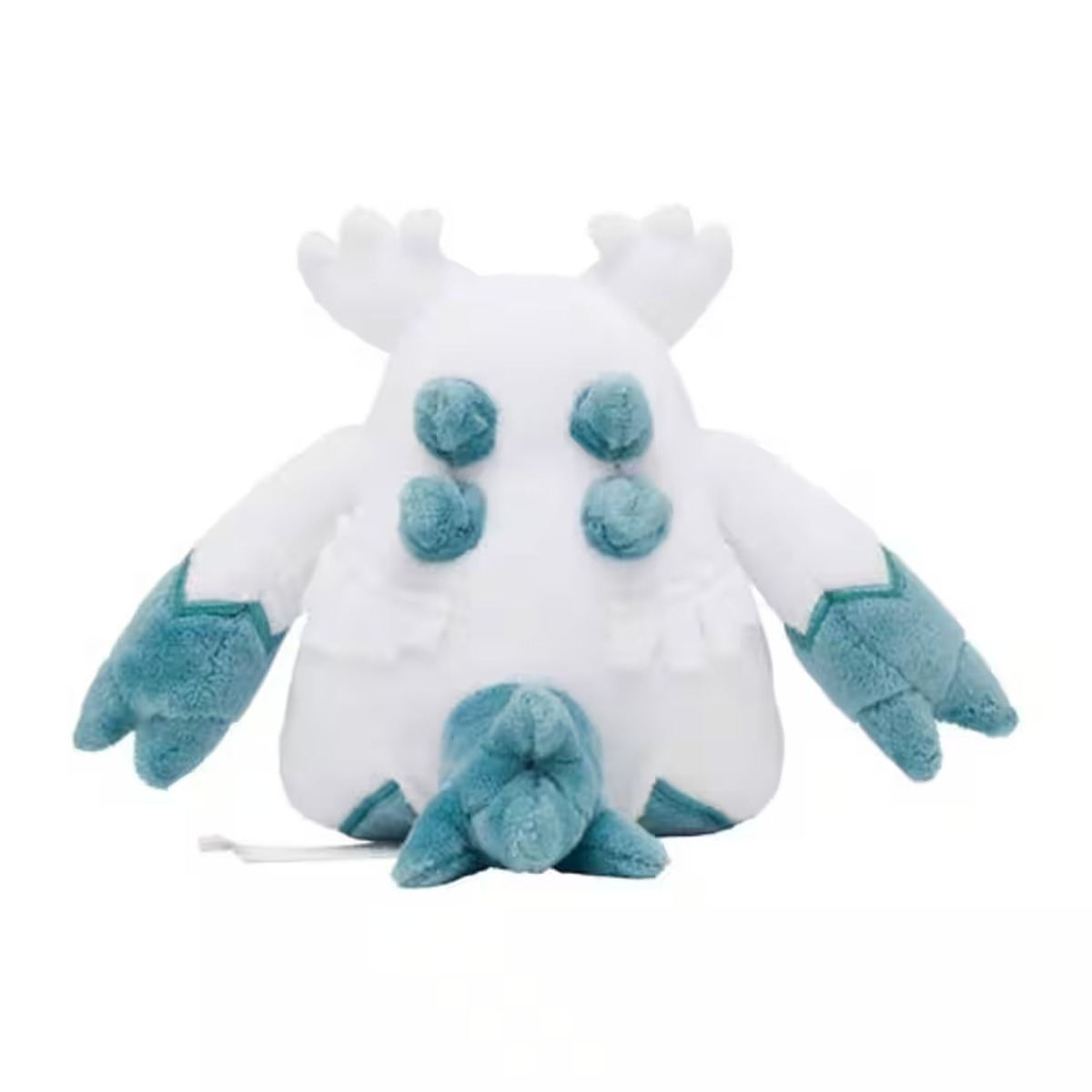Ein weißes Stofftier mit blauen Akzenten. Es hat einen runden Körper, blaue Pompons und blaue Arme und Beine. Das Spielzeug befindet sich auf weißem Hintergrund.