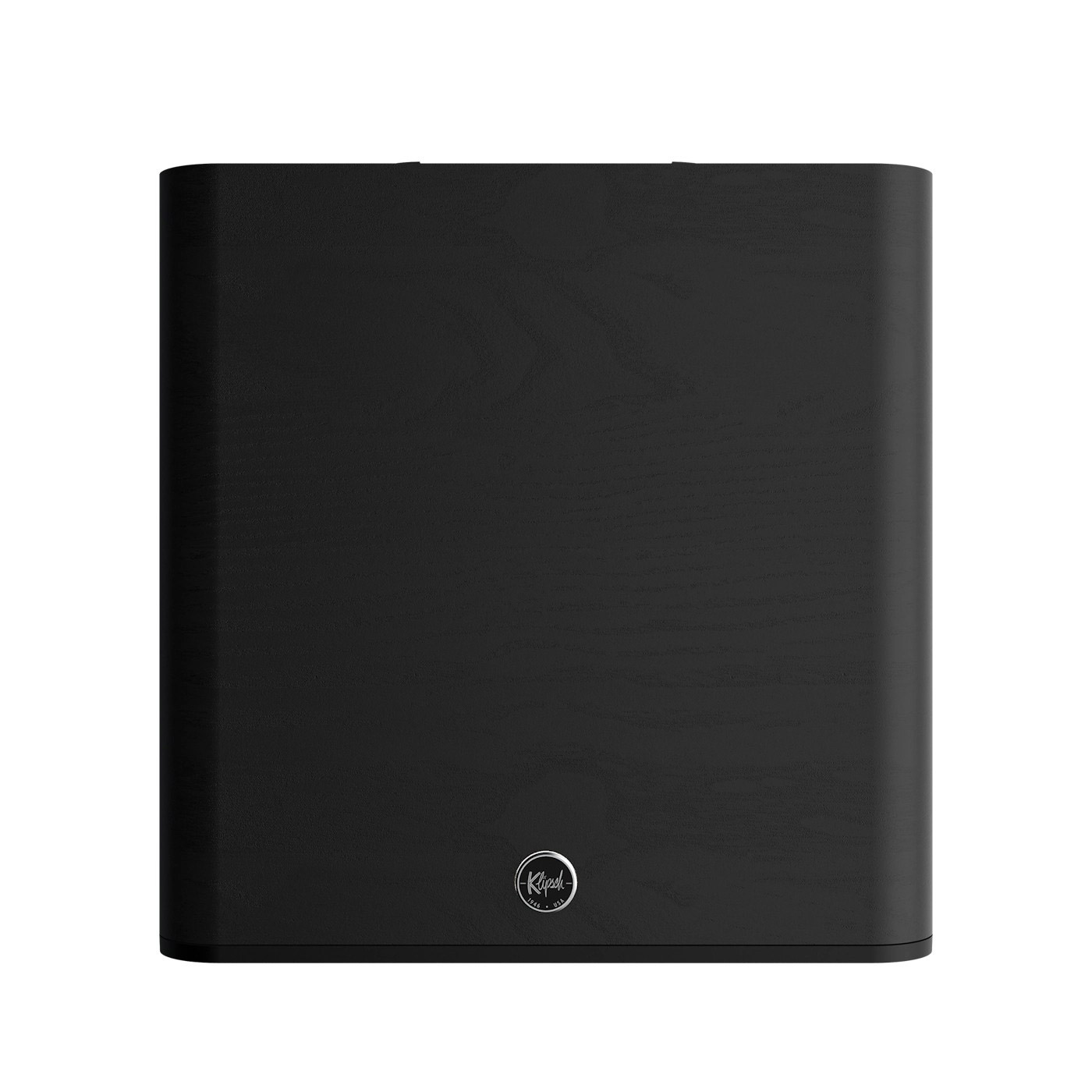 Ein schwarzer rechteckiger Subwoofer mit Holzmaserung. Das Klipsch-Logo befindet sich unten mittig.