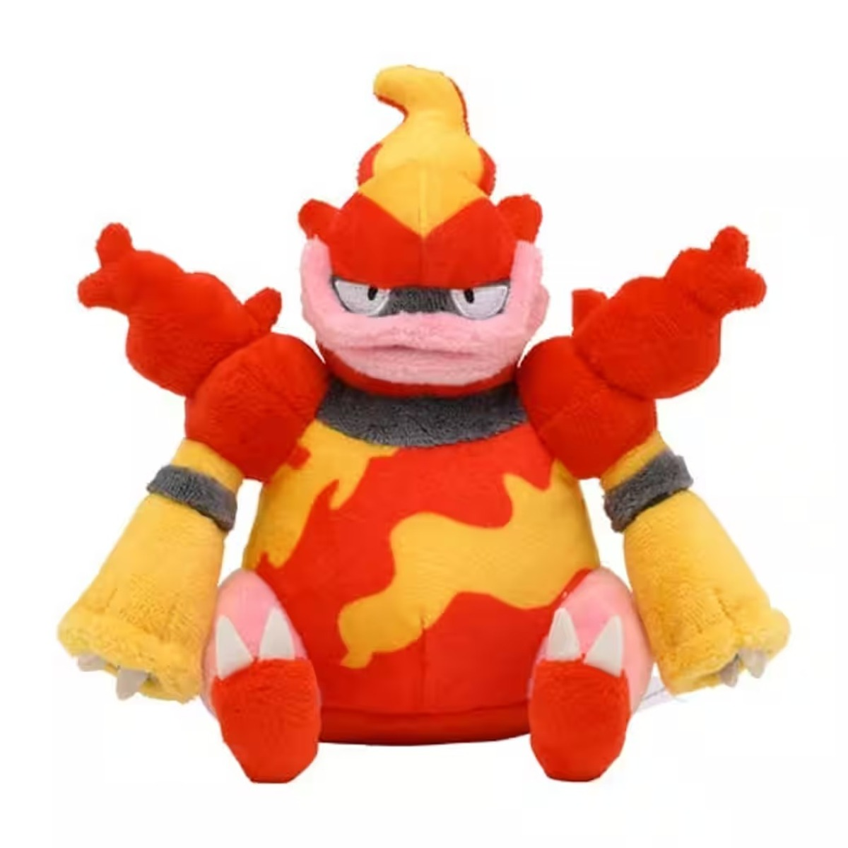 Plüschtier eines rot-gelben Pokémon-Charakters mit ausgestreckten Armen. Es hat ein rosa Gesicht und weiße Krallen.