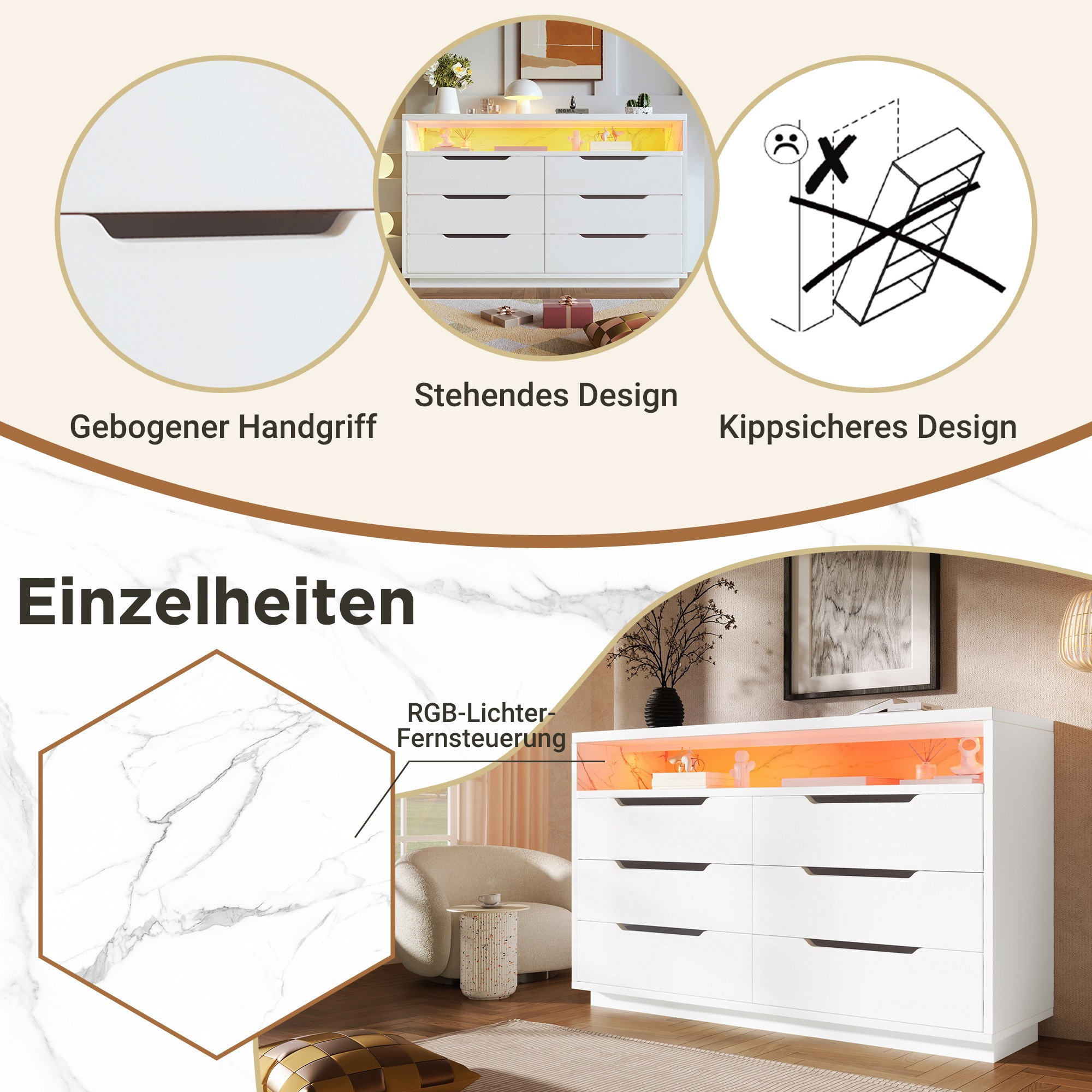 Weiße Kommode mit sechs Schubladen und integrierter RGB-Beleuchtung. Merkmale zu Griff, Design und Marmoreffekt.
