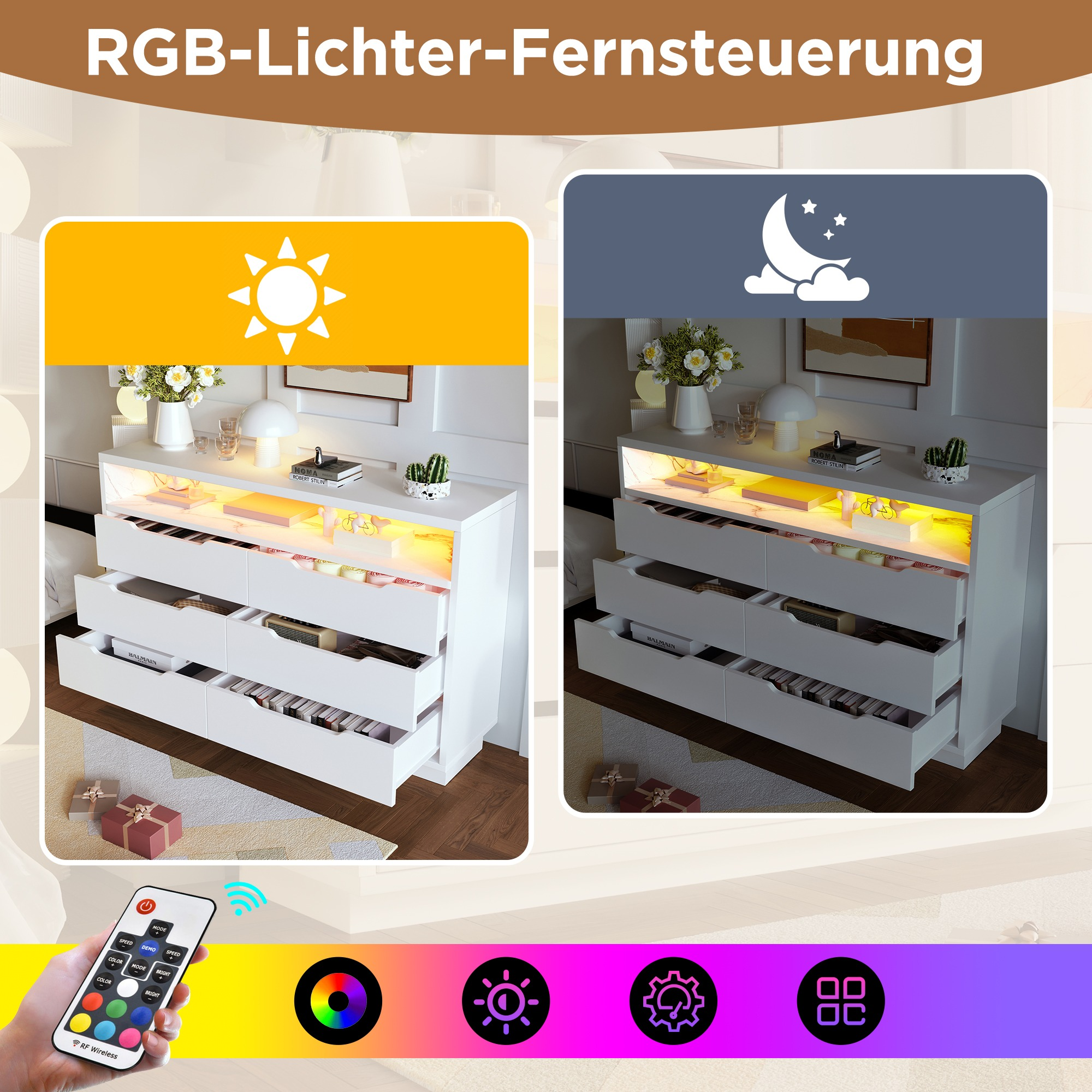 Ein Bild zeigt eine weiße Kommode mit Lichtern. Eine Fernbedienung befindet sich unten links. Oben befinden sich ein Sonnen- und ein Mondsymbol.