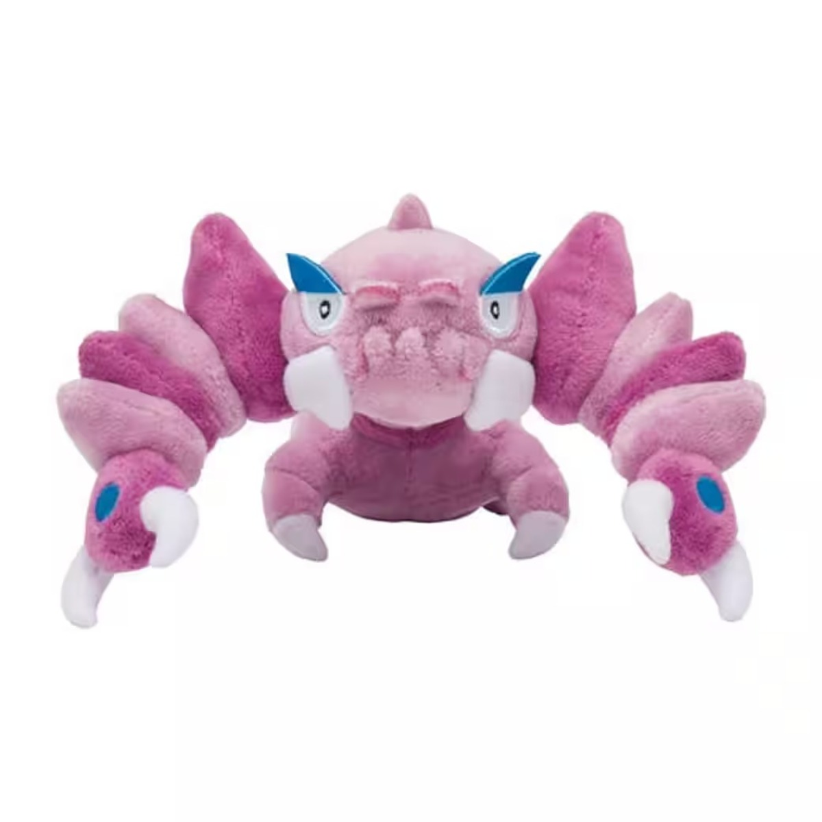 Ein Plüschtier einer rosa, käferartigen Kreatur mit mehreren Beinen und segmentierten Armen. Es hat blaue Details und weiße Klauen.