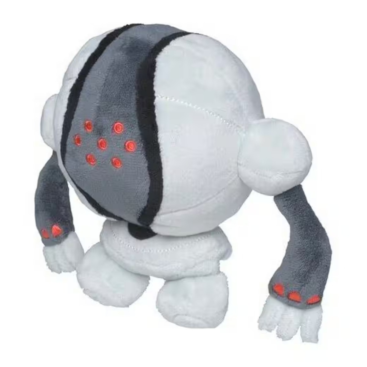 Ein Plüschtier, das einem Pokémon-Charakter ähnelt. Es ist überwiegend weiß mit grauen Akzenten und roten Punkten. Das Spielzeug hat Arme, Beine und einen runden Körper.
