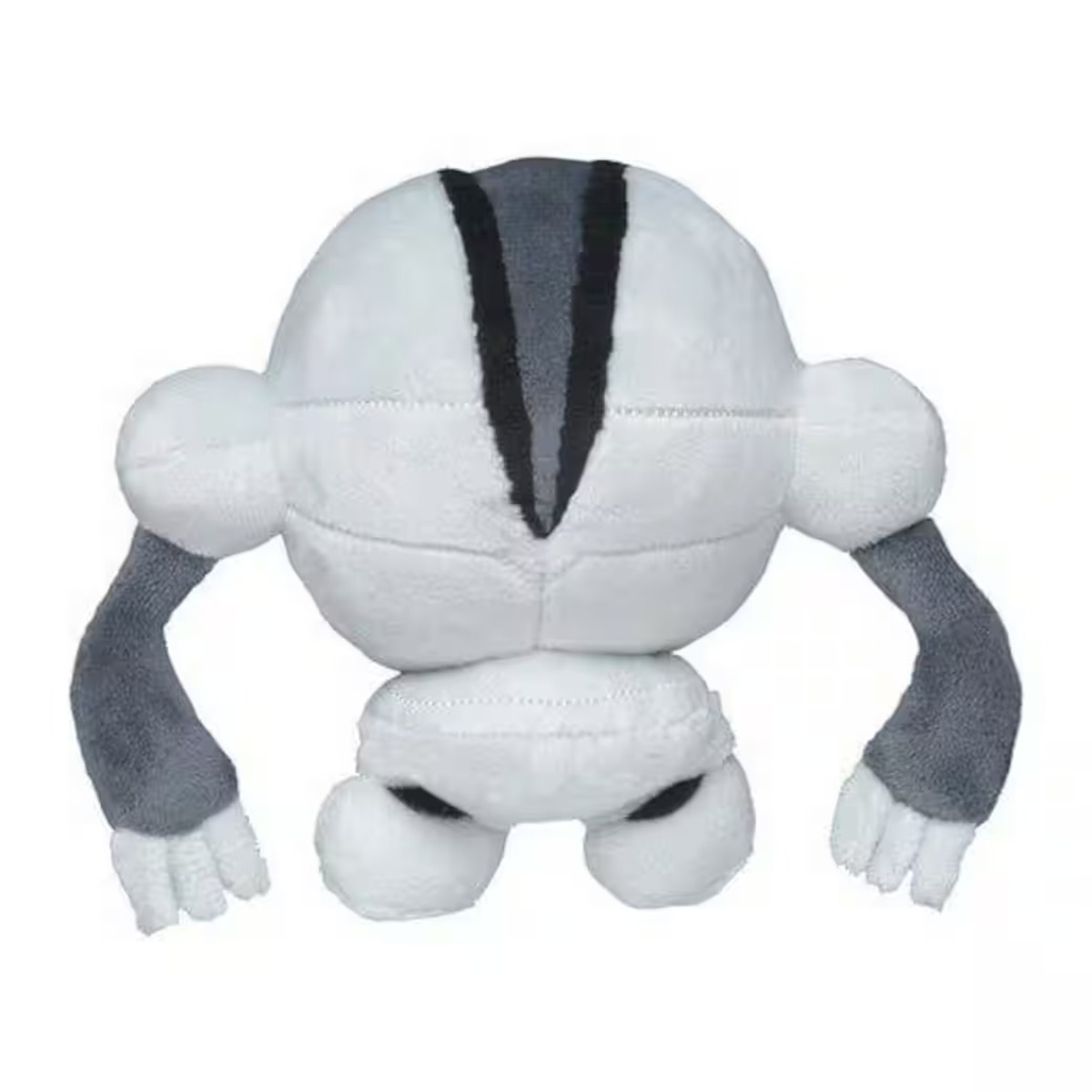 Ein Stofftier eines Pokémon-Charakters. Es ist weiß mit grauen und schwarzen Details. Es hat Arme, Beine und einen Kopf.