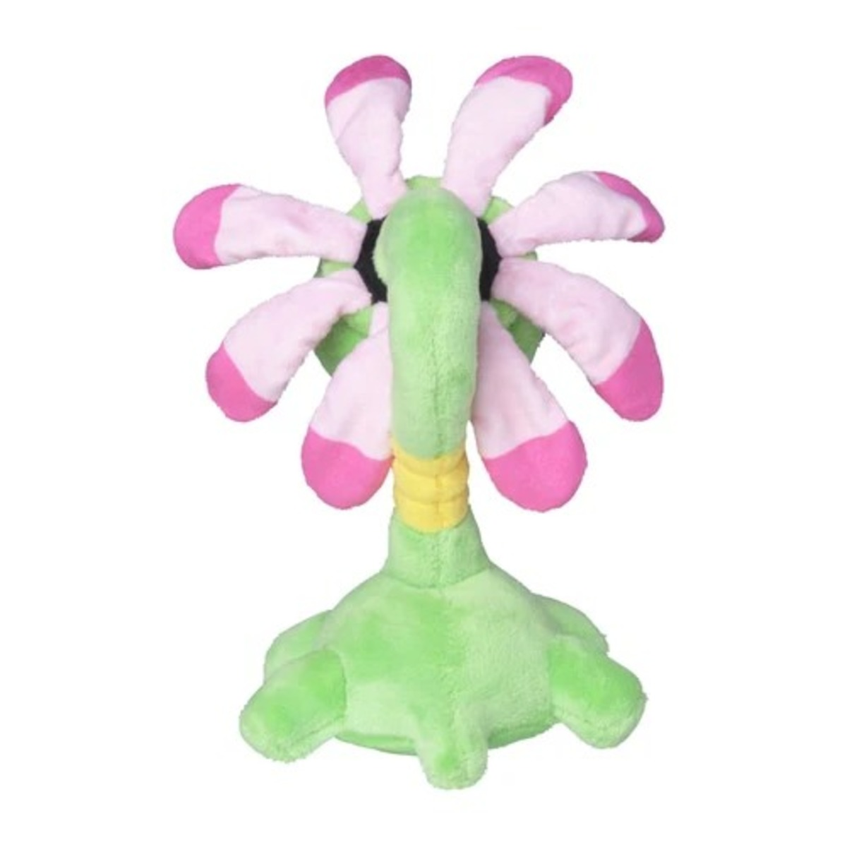 Ein Plüschtier, das einer Blume ähnelt. Es hat rosa und weiße Blütenblätter, einen grünen Stiel und einen grünen Sockel. Der Stiel ist gelb.