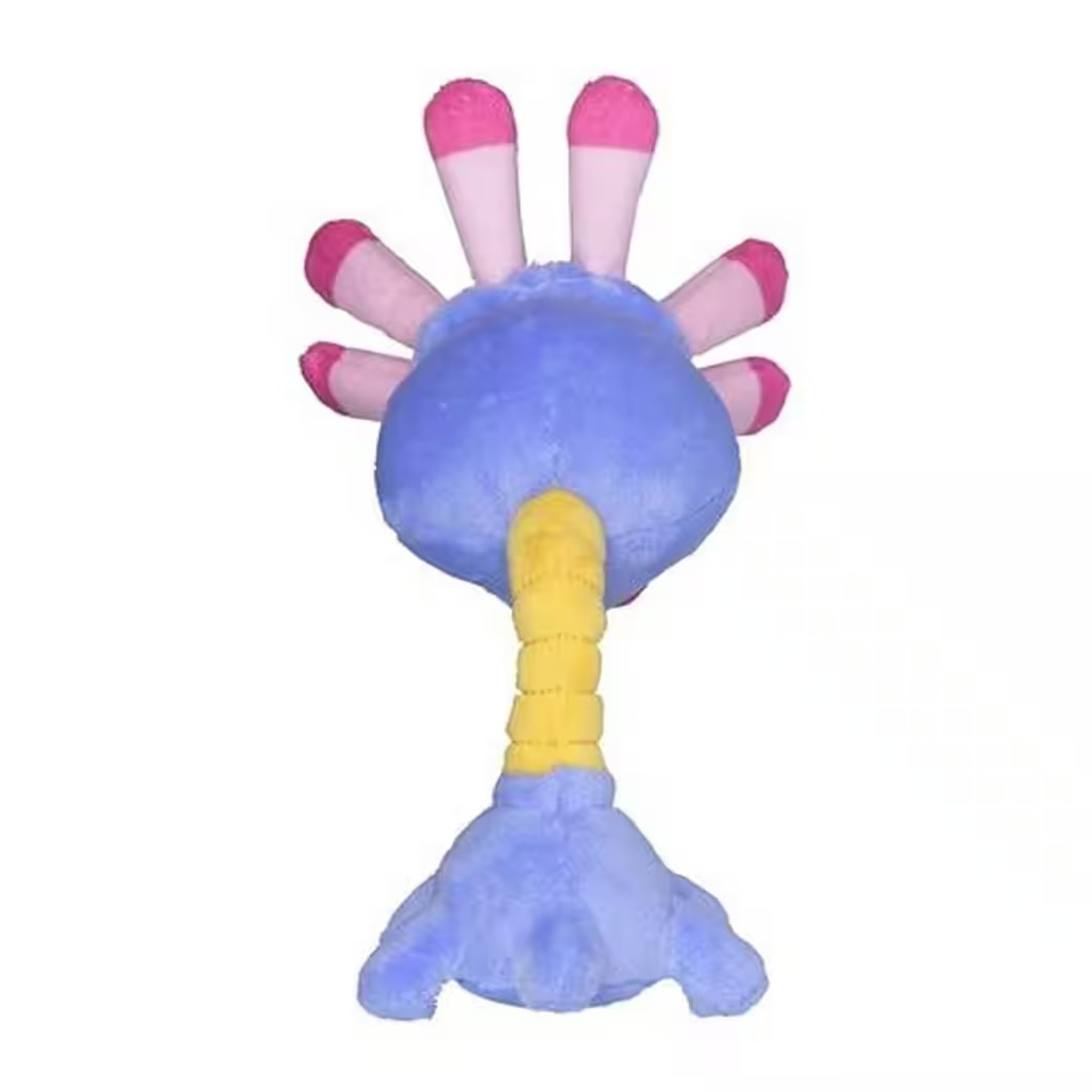 Ein Plüschtier mit blauem Körper, rosafarbenen Fingerspitzen, gelbem Stiel und blauem Sockel. Es ähnelt einem skurrilen Wesen.