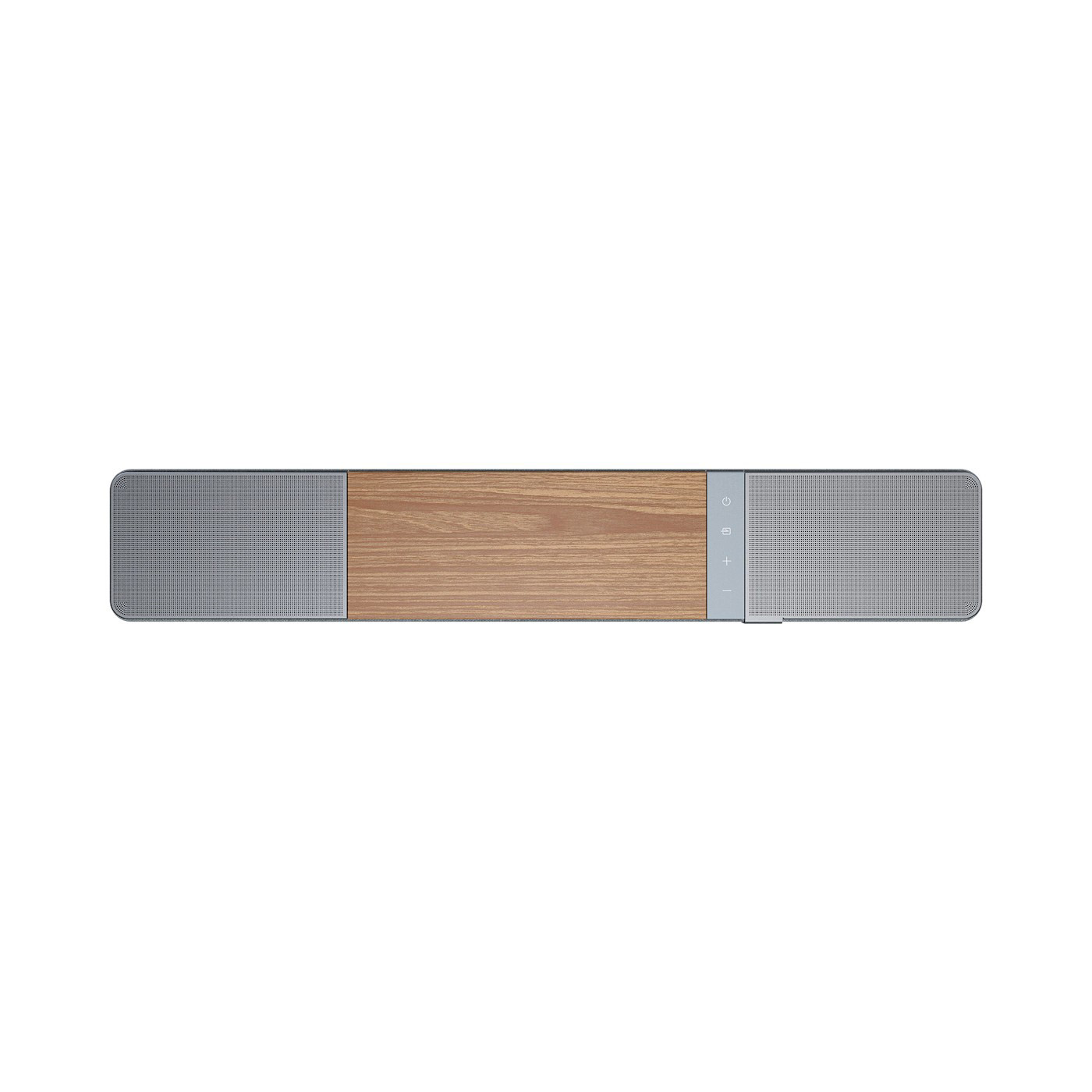 Una soundbar rettangolare con centro in legno, altoparlanti a rete grigia alle estremità e pulsanti volume e accensione.