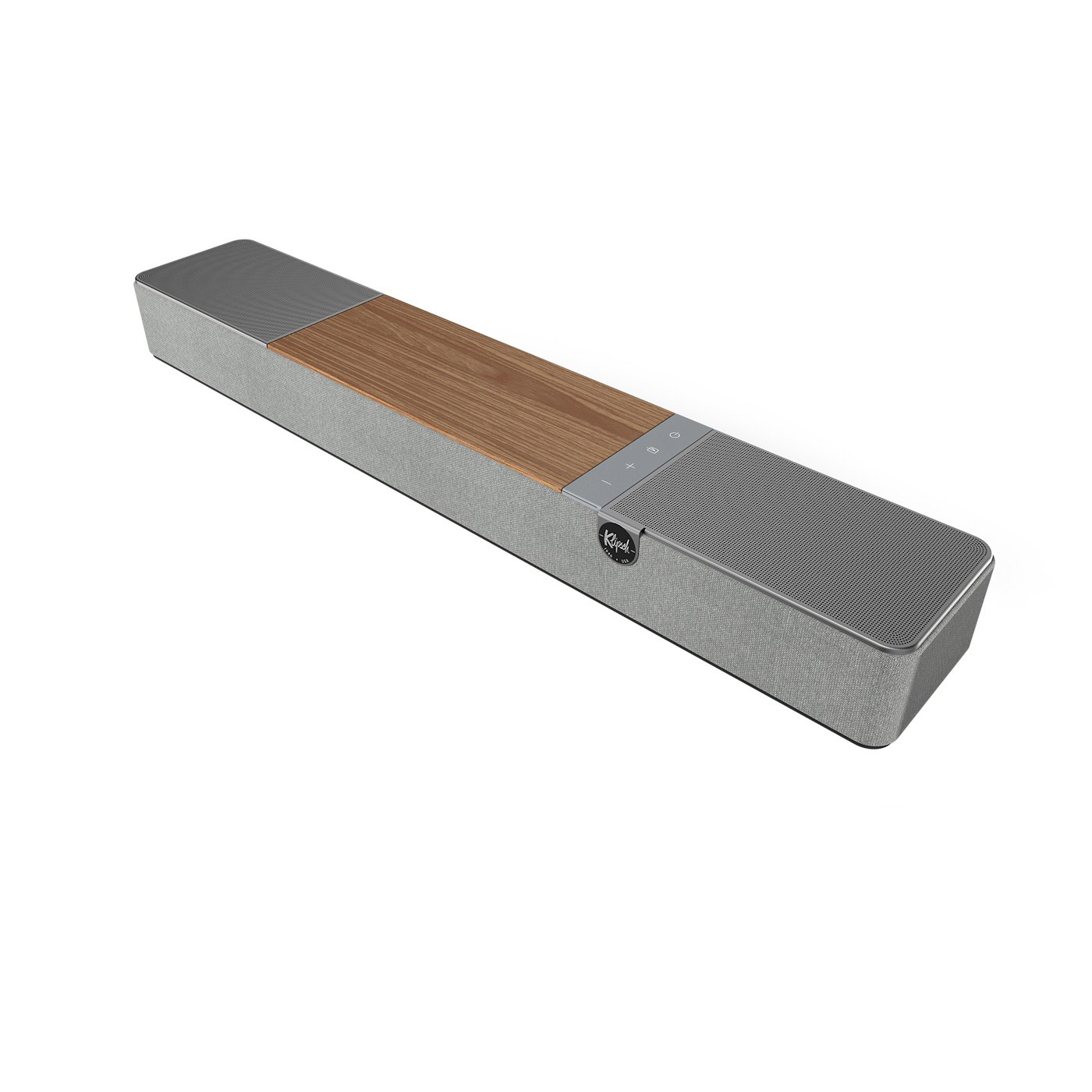 Una soundbar Klipsch. Il centro è color legno, le estremità sono ricoperte da un tessuto grigio con una rete metallica. Sfondo bianco.