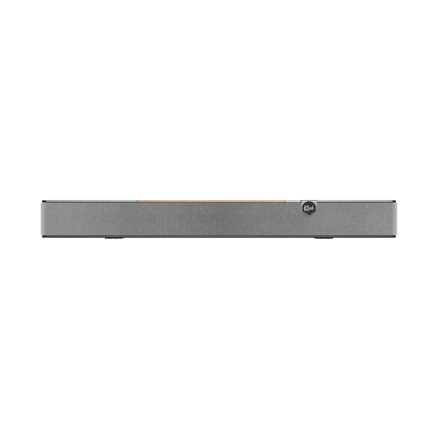 Una soundbar grigia con accento in legno e logo Klipsch. Si trova su sfondo bianco.