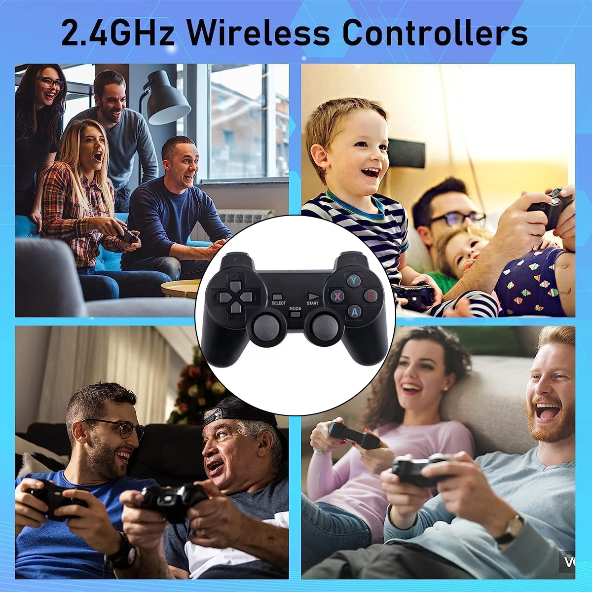 Das Bild zeigt Menschen, die Videospiele spielen. Im Zentrum befindet sich ein schwarzer Gamecontroller. Szenen zeigen Menschen jeden Alters beim Spielen.