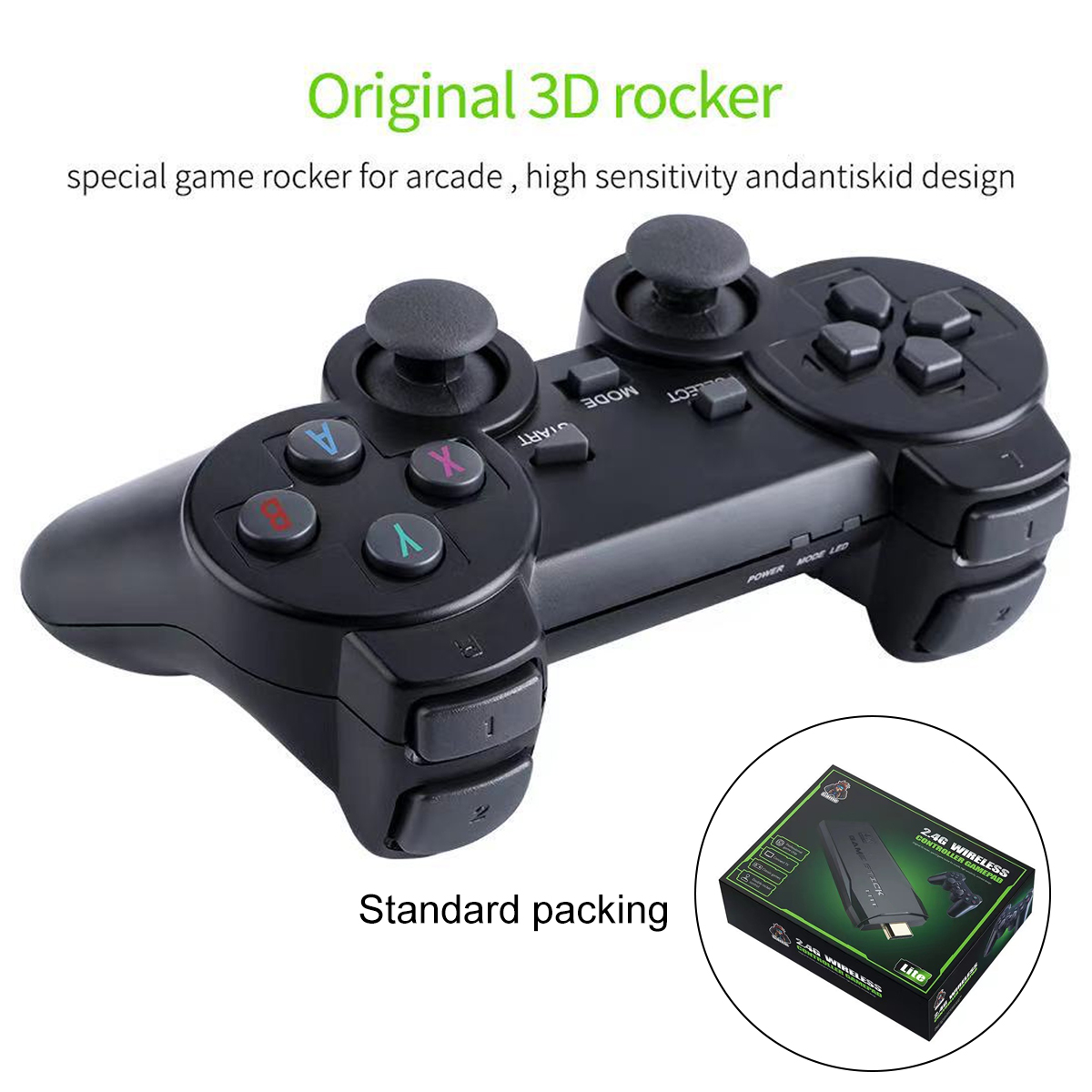 Schwarzer Gamecontroller mit Knöpfen, Sticks und einer Box in der Ecke. Text: Original 3D-Wippe, spezieller Game-Rocker für Arcade.