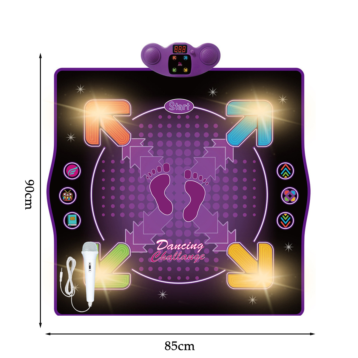 Eine violette Tanzmatte mit Pfeilen, Fußabdrücken, einem Mikrofon und einer Digitalanzeige. Misst 90x85cm.
