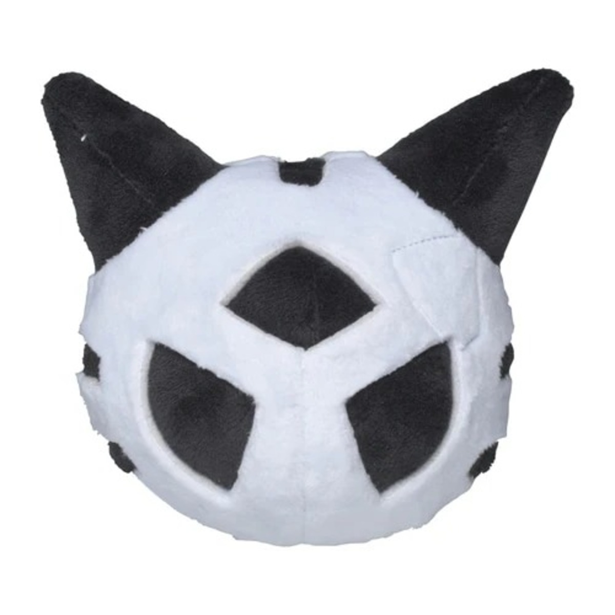 Ein Stofftier in Form eines Katzenkopfes. Es ist weiß mit schwarzen Markierungen und spitzen Ohren.
