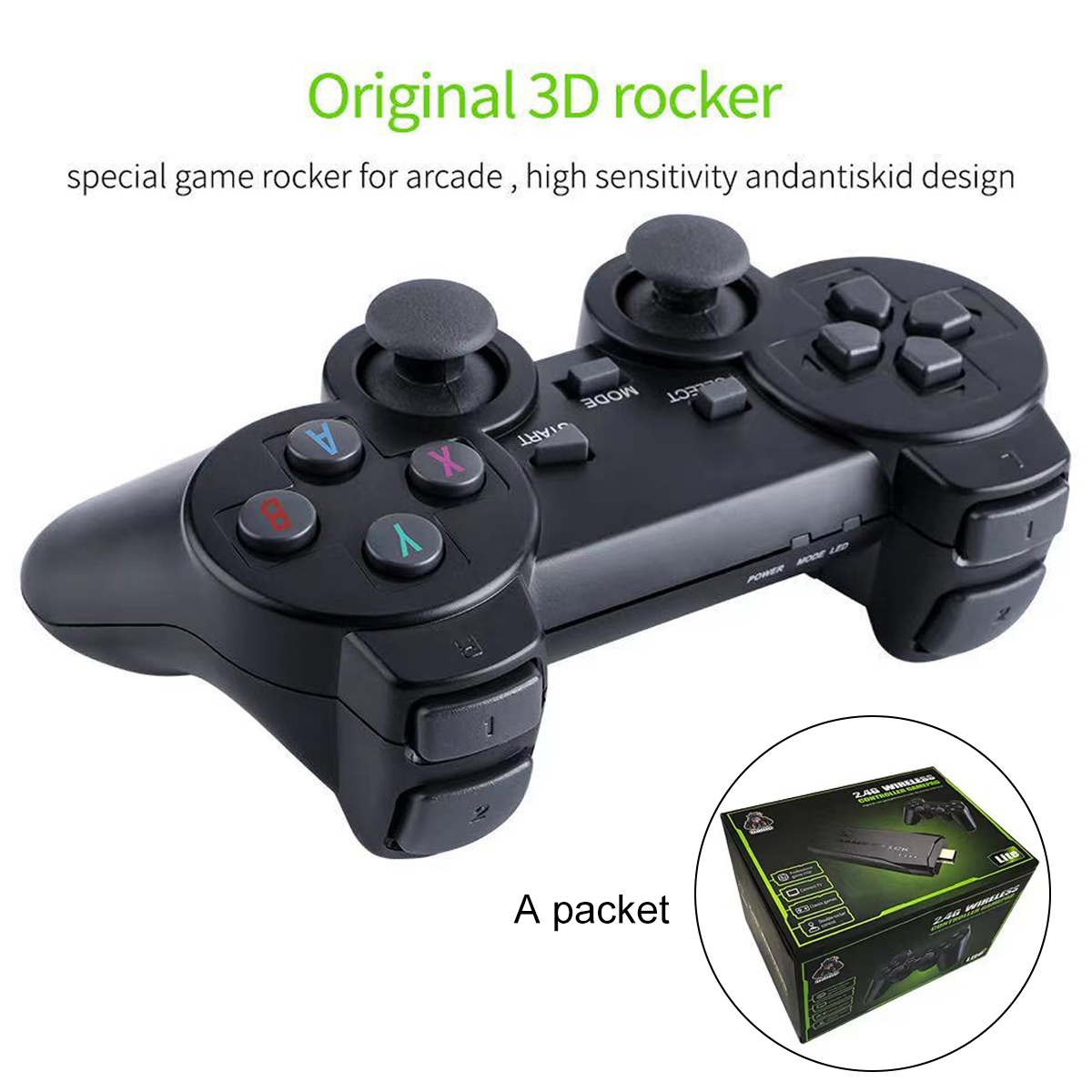 Ein schwarzer Gamecontroller mit Knöpfen und Joysticks. Eine Box mit Text und Bildern in der Ecke. Text sagt 'Original 3D rocker'.