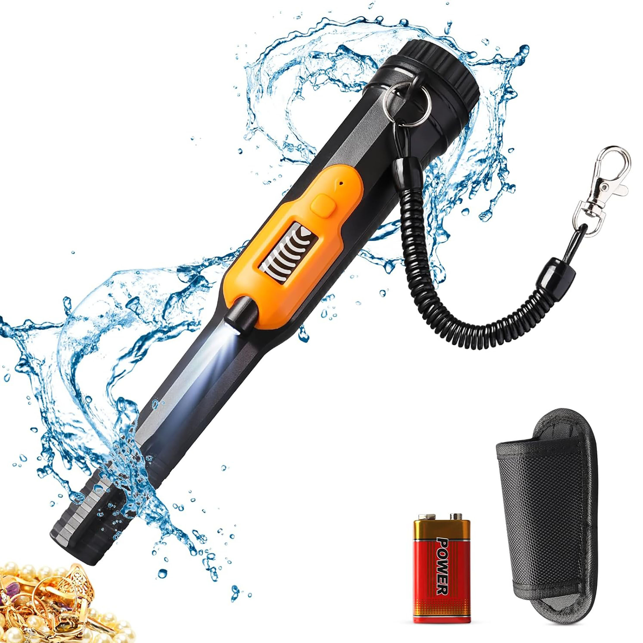 Ein Metalldetektor mit orangefarbenen Akzenten, Wasserspritzer, Schmuck, einer Batterie und einer Tragetasche.