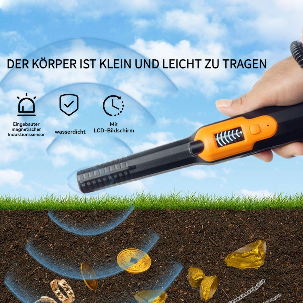 Ein Metalldetektor wird über Gras und Erde gehalten und entdeckt vergrabene Goldmünzen, Schmuck und Nuggets. Das Gerät hat einen orange-schwarzen Griff.