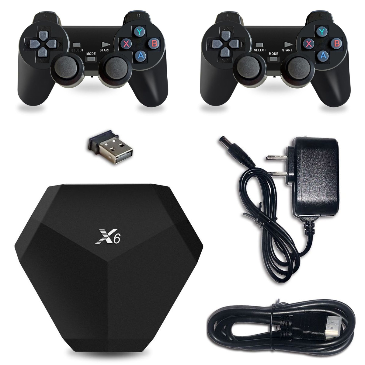 Schwarze Gamecontroller, ein USB-Adapter, ein X6-Gerät, ein Netzteil und ein Kabel auf weißem Hintergrund angeordnet.